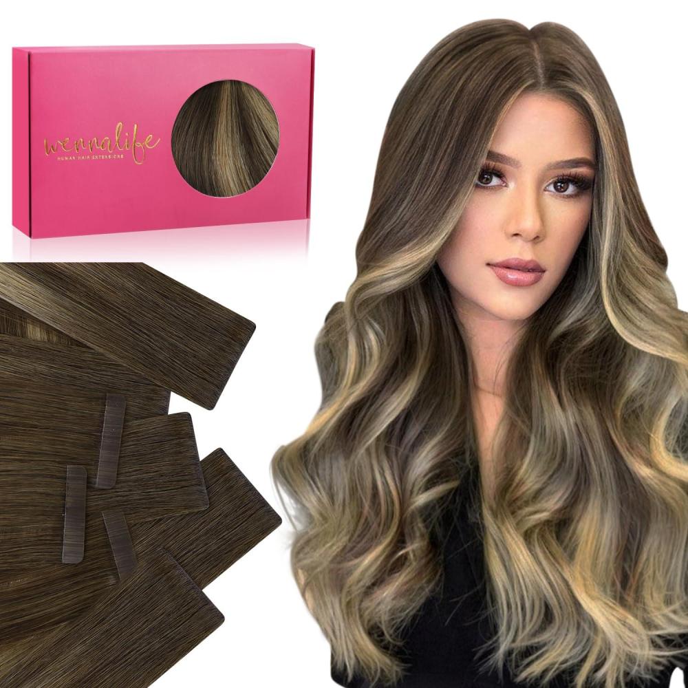 imageWENNALIFE Invisi Edge Tape in Hair Extensions Human Hair 16 Inch 50g 20pcs Muted Light Brown Brunette Invisible Luxury Remy Hair Extensions Natural Seamless Injected Tape Ins Extensiones De CabelloIN4274 Balayage Chocolate Brown to Caramel Blonde