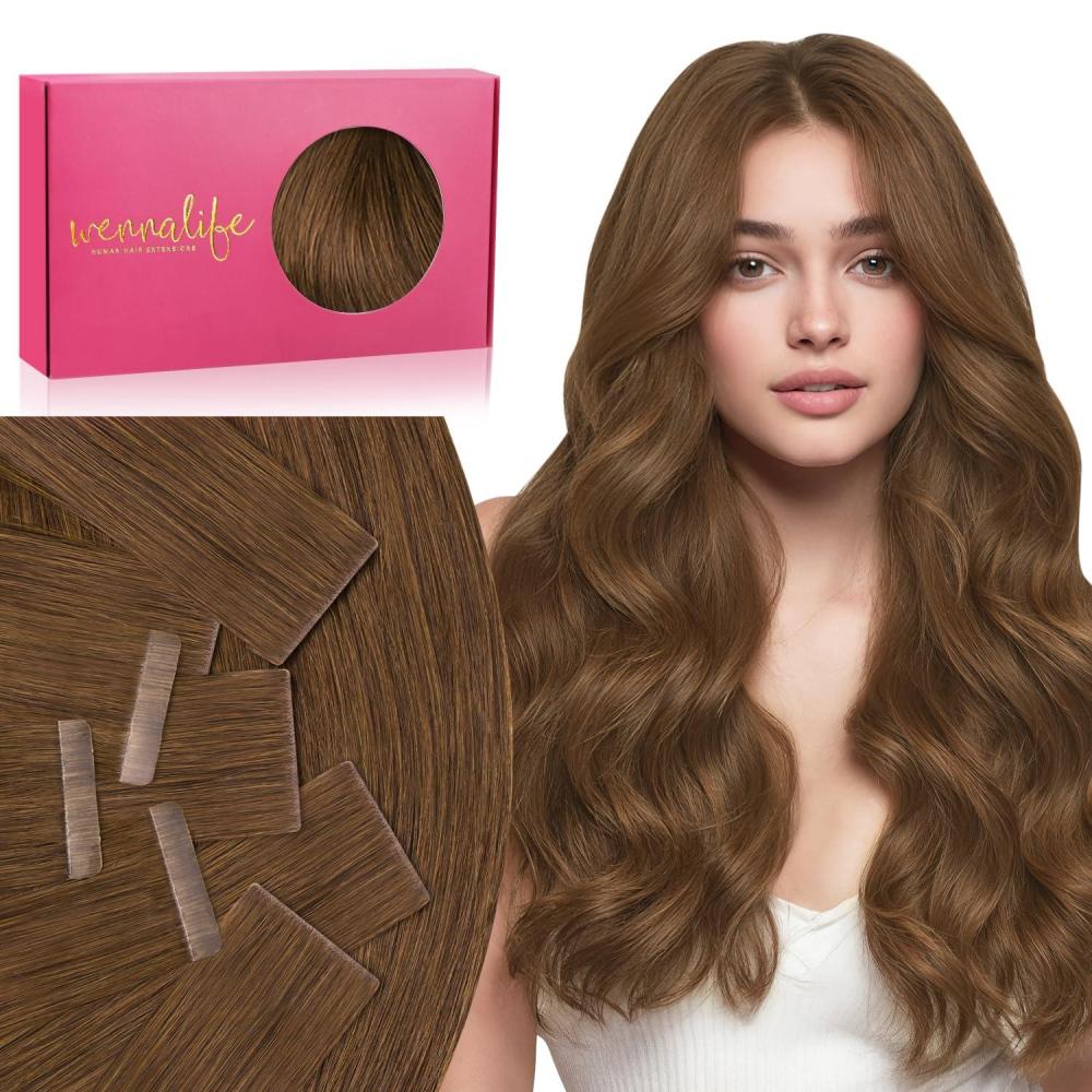 imageWENNALIFE Invisi Edge Tape in Hair Extensions Human Hair 16 Inch 50g 20pcs Muted Light Brown Brunette Invisible Luxury Remy Hair Extensions Natural Seamless Injected Tape Ins Extensiones De CabelloIN5R Light Auburn Brown