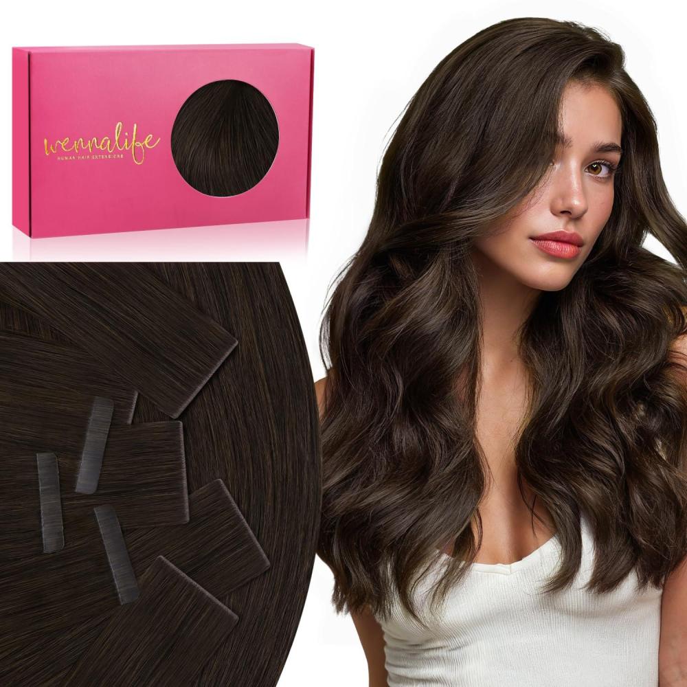 imageWENNALIFE Invisi Edge Tape in Hair Extensions Human Hair 16 Inch 50g 20pcs Muted Light Brown Brunette Invisible Luxury Remy Hair Extensions Natural Seamless Injected Tape Ins Extensiones De CabelloIN2A Light Dark Brown