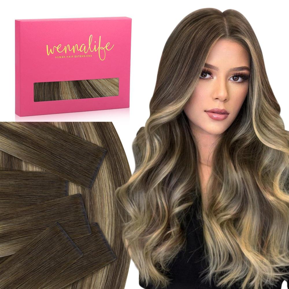 imageWENNALIFE Invisi Edge Tape in Hair Extensions Human Hair 16 Inch 50g 20pcs Muted Light Brown Brunette Invisible Luxury Remy Hair Extensions Natural Seamless Injected Tape Ins Extensiones De Cabello4274 Balayage Chocolate Brown to Caramel Blonde
