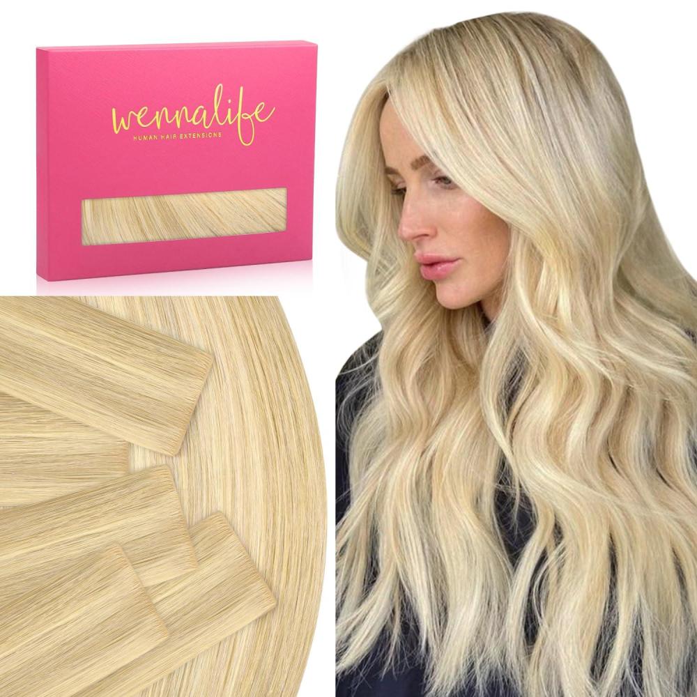 imageWENNALIFE Invisi Edge Tape in Hair Extensions Human Hair 16 Inch 50g 20pcs Muted Light Brown Brunette Invisible Luxury Remy Hair Extensions Natural Seamless Injected Tape Ins Extensiones De CabelloIN1622 Light Blonde Highlighted Golden Blonde