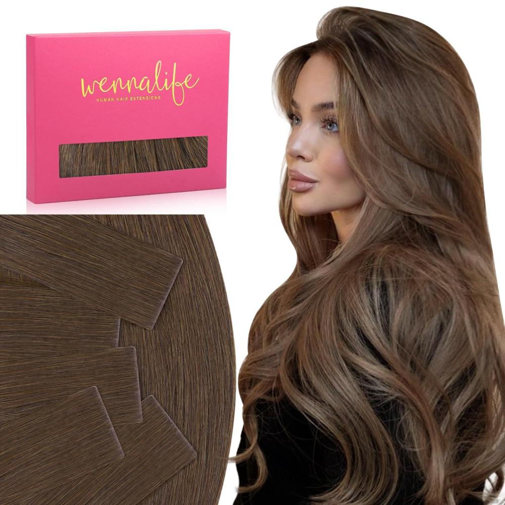 imageWENNALIFE Invisi Edge Tape in Hair Extensions Human Hair 16 Inch 50g 20pcs Muted Light Brown Brunette Invisible Luxury Remy Hair Extensions Natural Seamless Injected Tape Ins Extensiones De CabelloIN5D Cool Ash Brown