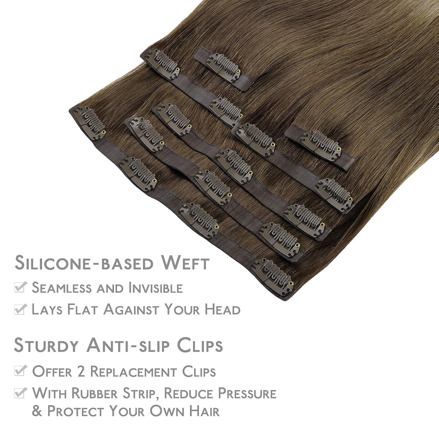 imageWENNALIFE Seamless Clip In Hair Extensions 18 Inch 7pcs 130g Ombre Walnut Brown to Ash Brown and Bleach Blonde Invisible PU Weft Natural Real Human Hair Extensions