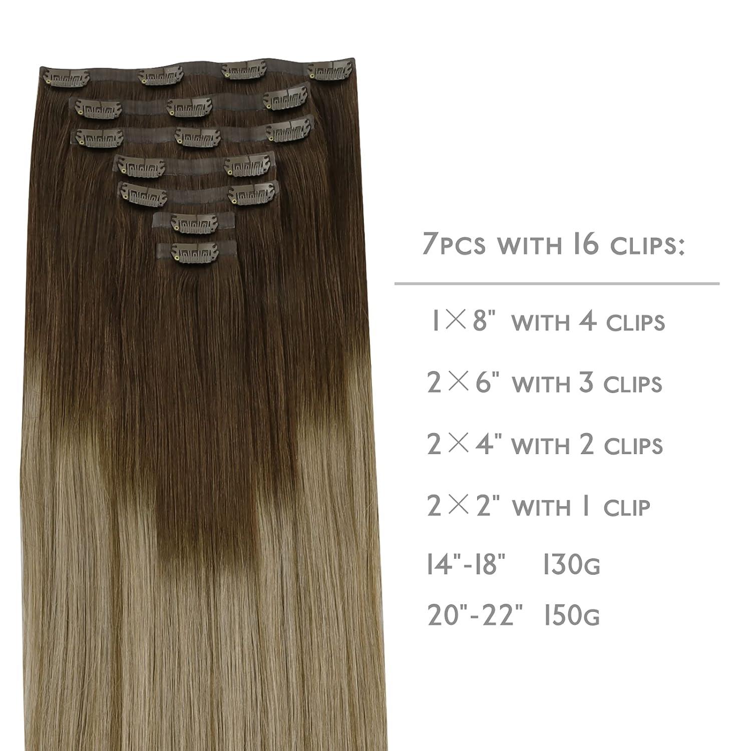 imageWENNALIFE Seamless Clip In Hair Extensions 18 Inch 7pcs 130g Ombre Walnut Brown to Ash Brown and Bleach Blonde Invisible PU Weft Natural Real Human Hair Extensions