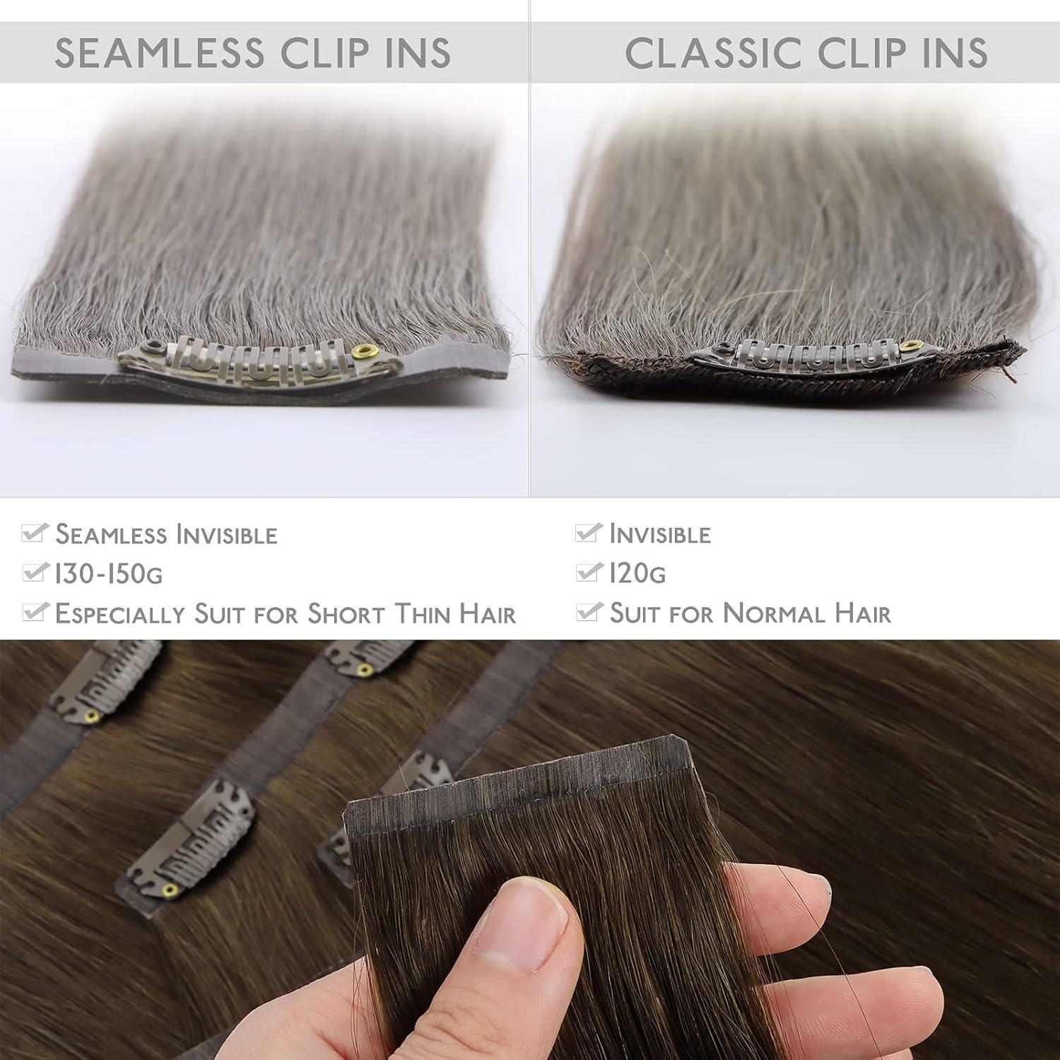 imageWENNALIFE Seamless Clip In Hair Extensions 18 Inch 7pcs 130g Ombre Walnut Brown to Ash Brown and Bleach Blonde Invisible PU Weft Natural Real Human Hair Extensions