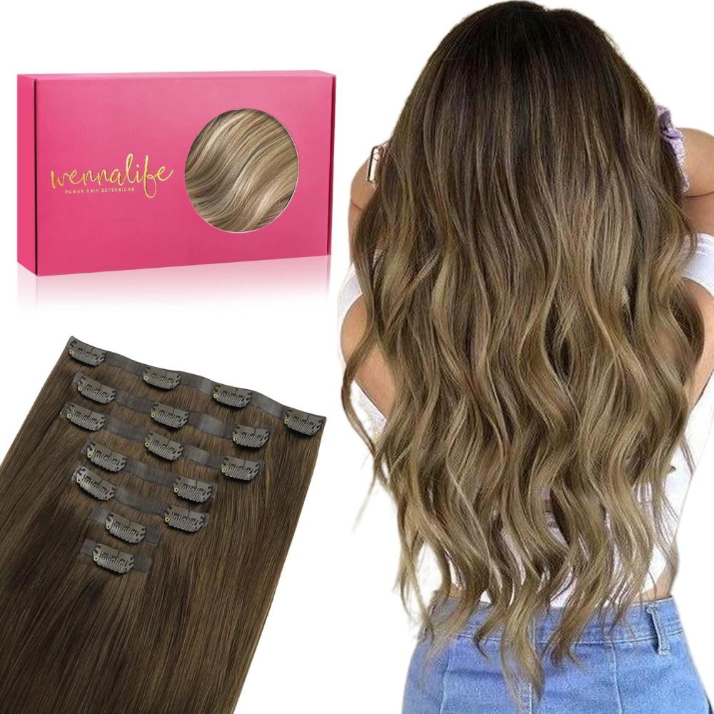imageWENNALIFE Seamless Clip In Hair Extensions 18 Inch 7pcs 130g Ombre Walnut Brown to Ash Brown and Bleach Blonde Invisible PU Weft Natural Real Human Hair Extensions