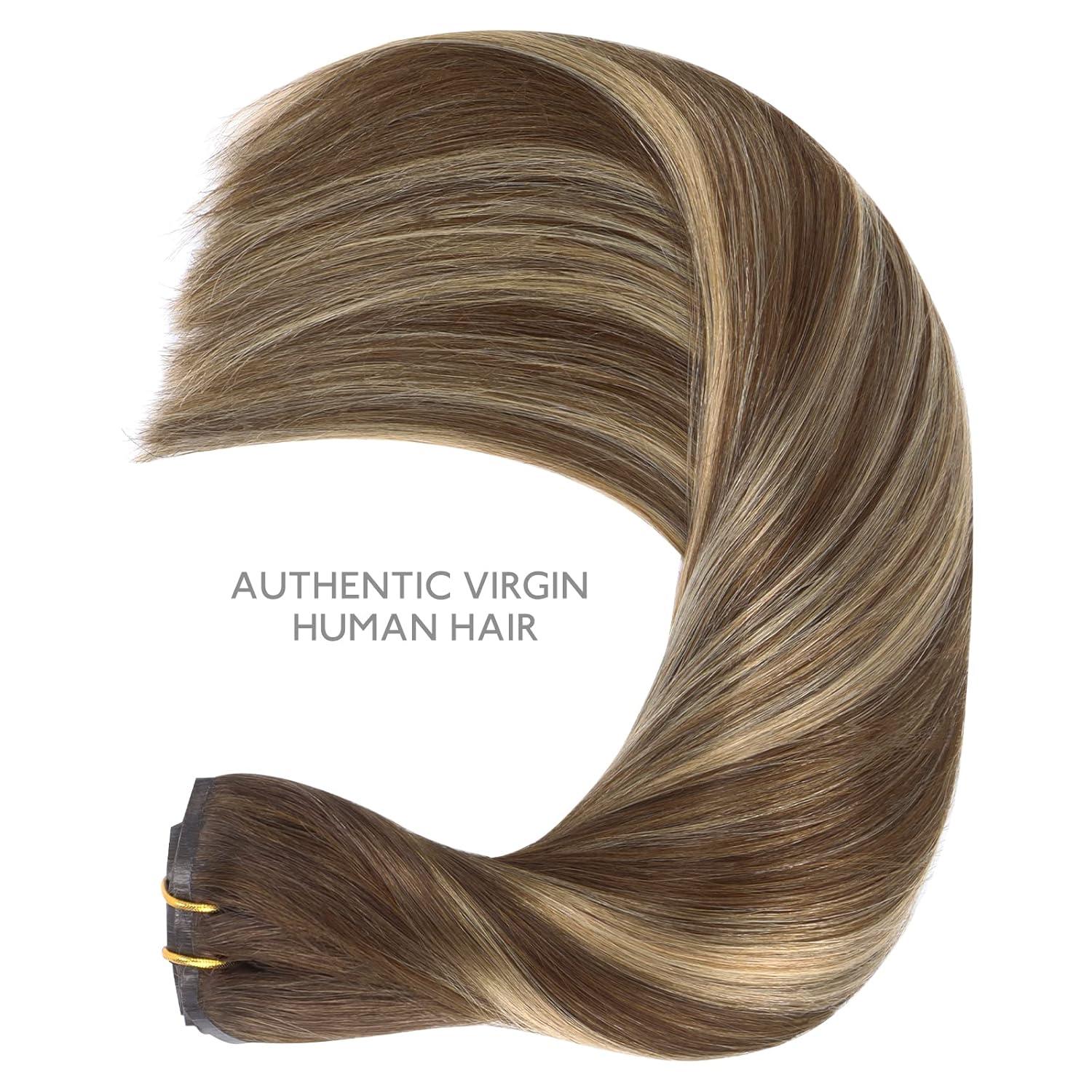imageWENNALIFE Seamless Clip In Hair Extensions 14 Inch 7pcs 130g Balayage Chocolate Brown to Honey Blonde Hair Extensions Clip In Invisible PU Skin Weft Real Human Hair Extensions Clip In