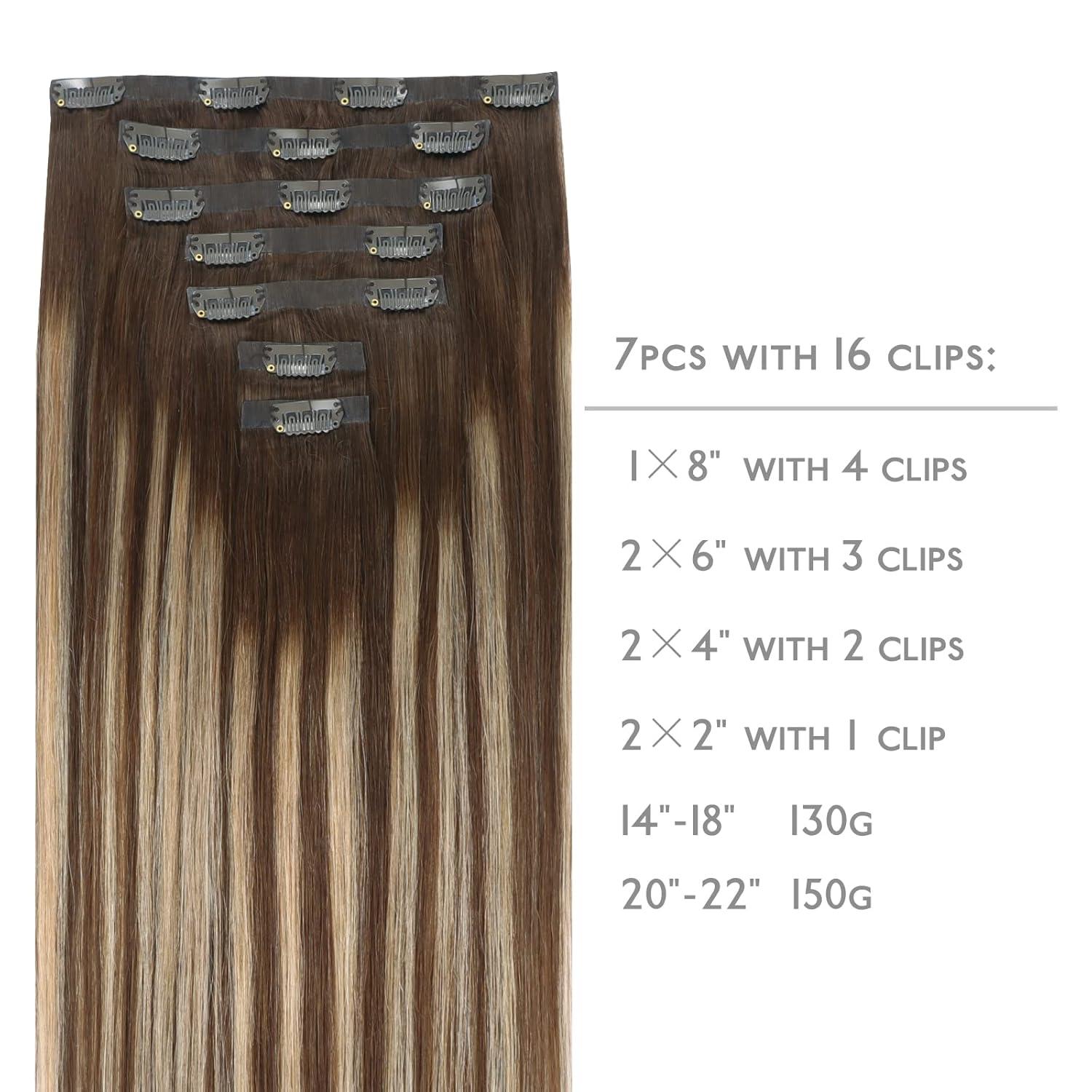 imageWENNALIFE Seamless Clip In Hair Extensions 14 Inch 7pcs 130g Balayage Chocolate Brown to Honey Blonde Hair Extensions Clip In Invisible PU Skin Weft Real Human Hair Extensions Clip In