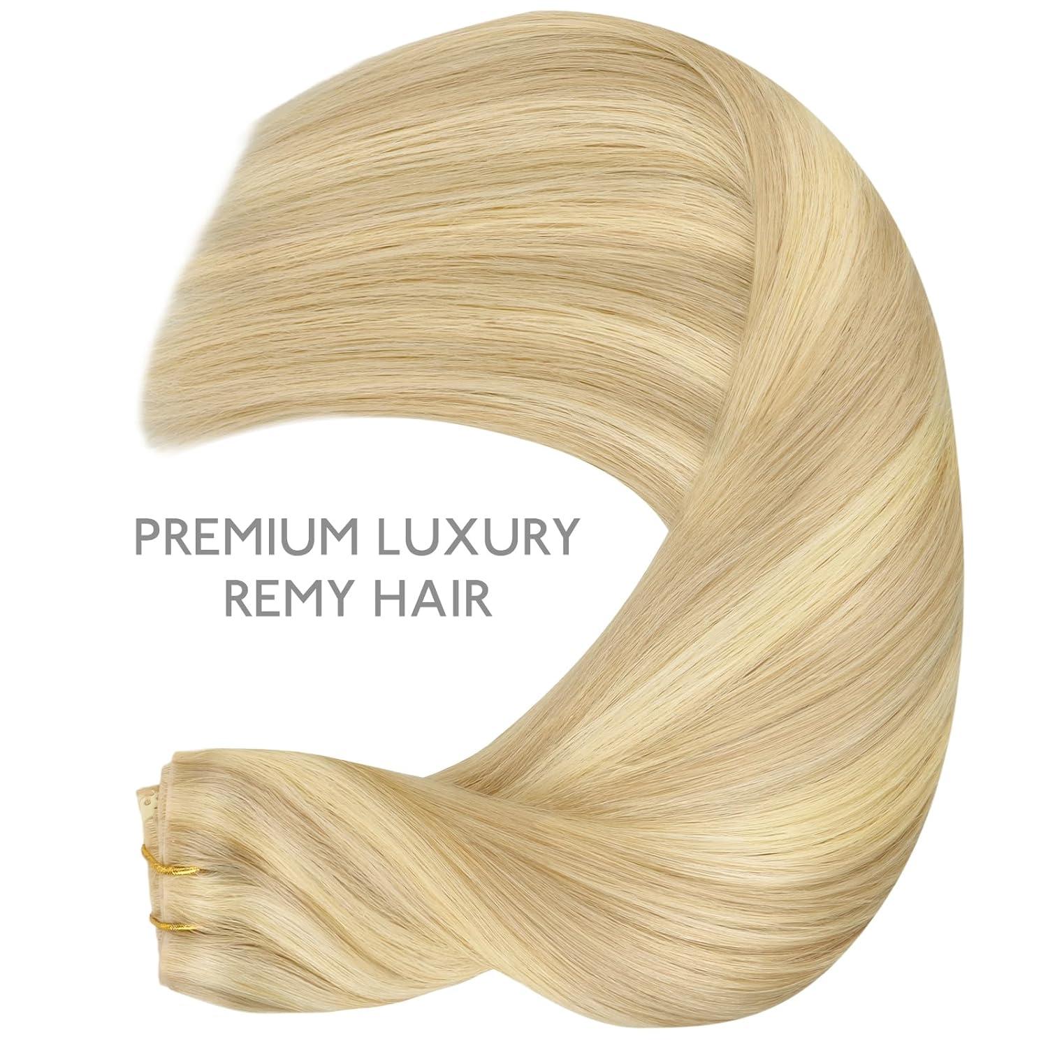 imageWENNALIFE Invisi Edge Clip in Hair Extensions Real Human Hair 18 Inch 130g 7pcs Ombre Walnut Brown to Ash Brown and Bleach Blonde Seamless Clip in Extensions Remy Hair Clip Ins Invisible PU Skin WeftI1622 Light Blonde Highlighted Golden Blonde