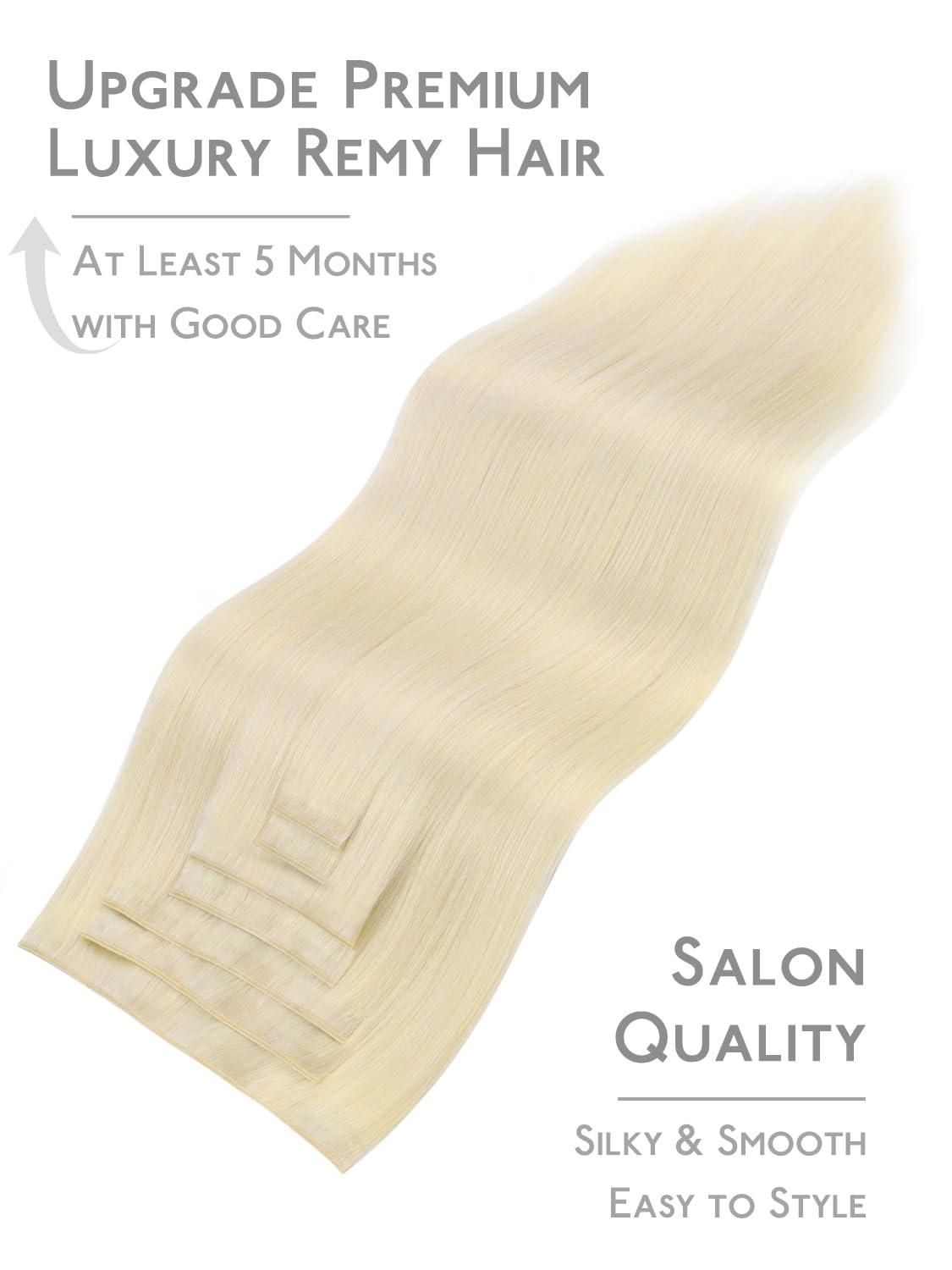 imageWENNALIFE Invisi Edge Clip in Hair Extensions Real Human Hair 18 Inch 130g 7pcs Ombre Walnut Brown to Ash Brown and Bleach Blonde Seamless Clip in Extensions Remy Hair Clip Ins Invisible PU Skin WeftG60A Platinum Blonde