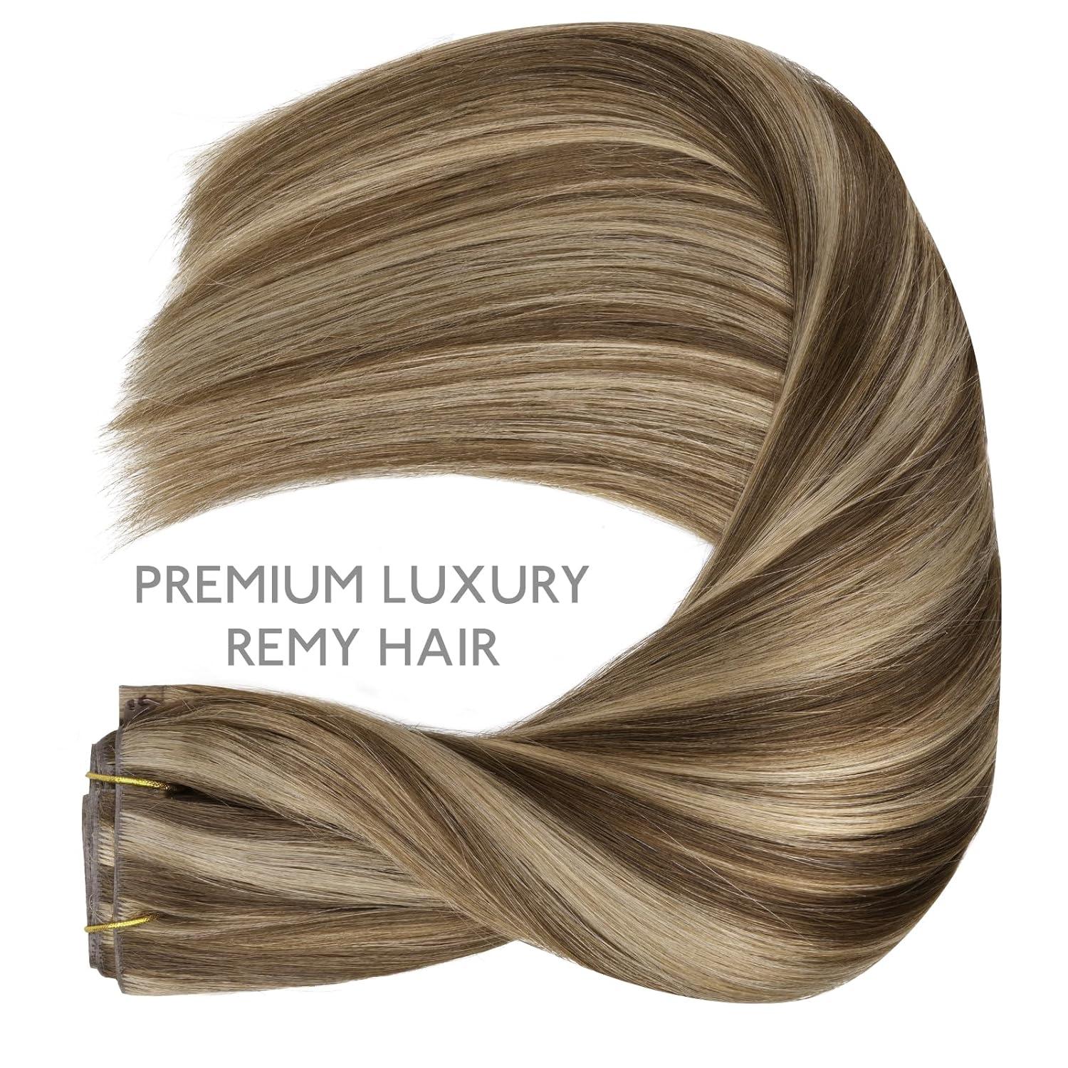 imageWENNALIFE Invisi Edge Clip in Hair Extensions Real Human Hair 18 Inch 130g 7pcs Ombre Walnut Brown to Ash Brown and Bleach Blonde Seamless Clip in Extensions Remy Hair Clip Ins Invisible PU Skin WeftI427 Balayage Chocolate Brown to Caramel Blonde