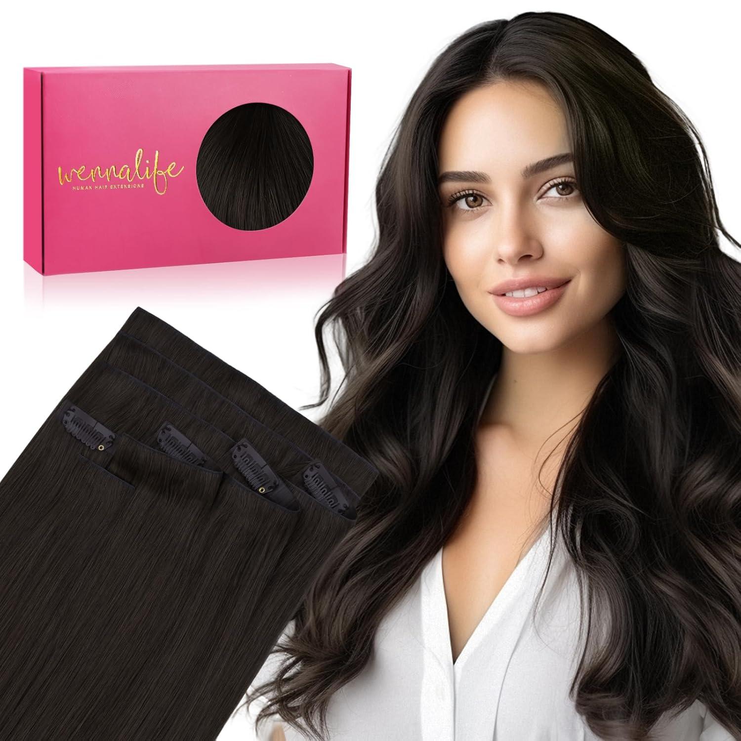 imageWENNALIFE Invisi Edge Clip in Hair Extensions Real Human Hair 18 Inch 130g 7pcs Ombre Walnut Brown to Ash Brown and Bleach Blonde Seamless Clip in Extensions Remy Hair Clip Ins Invisible PU Skin WeftI2 Dark Brown