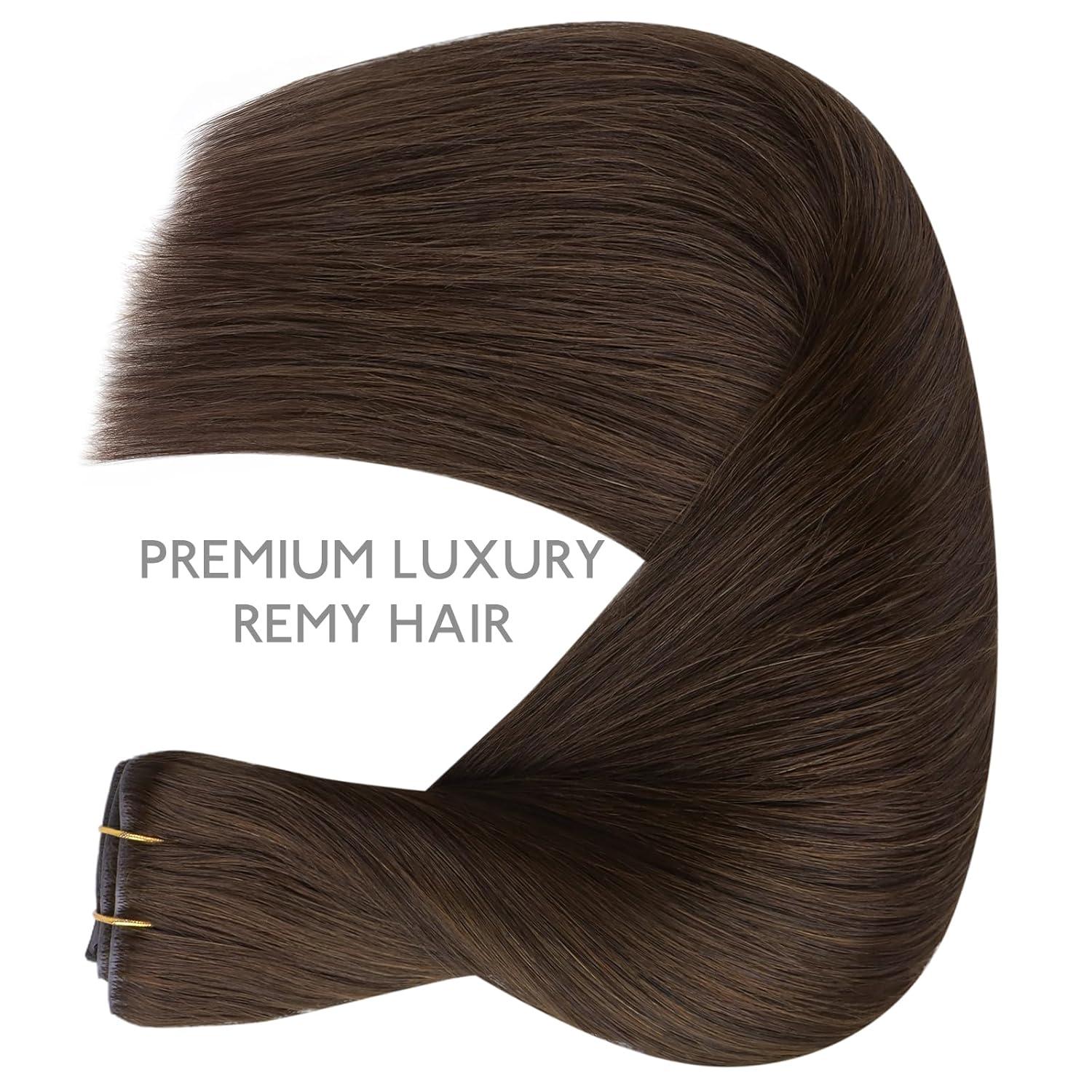 imageWENNALIFE Invisi Edge Clip in Hair Extensions Real Human Hair 18 Inch 130g 7pcs Ombre Walnut Brown to Ash Brown and Bleach Blonde Seamless Clip in Extensions Remy Hair Clip Ins Invisible PU Skin WeftI4 Chocolate Brown
