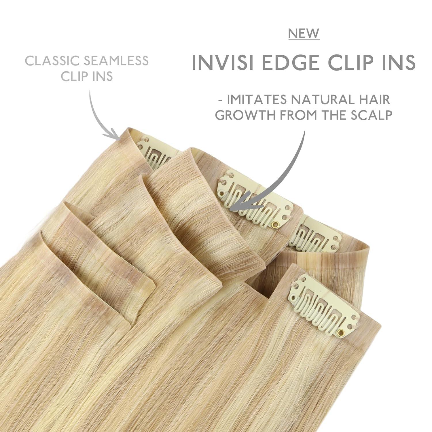 imageWENNALIFE Invisi Edge Clip in Hair Extensions Real Human Hair 18 Inch 130g 7pcs Ombre Walnut Brown to Ash Brown and Bleach Blonde Seamless Clip in Extensions Remy Hair Clip Ins Invisible PU Skin WeftI1622 Light Blonde Highlighted Golden Blonde