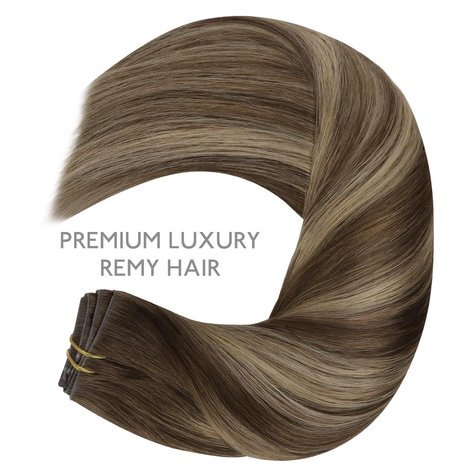 imageWENNALIFE Invisi Edge Clip in Hair Extensions Real Human Hair 18 Inch 130g 7pcs Ombre Walnut Brown to Ash Brown and Bleach Blonde Seamless Clip in Extensions Remy Hair Clip Ins Invisible PU Skin WeftI4274 Balayage Chocolate Brown to Caramel Blonde