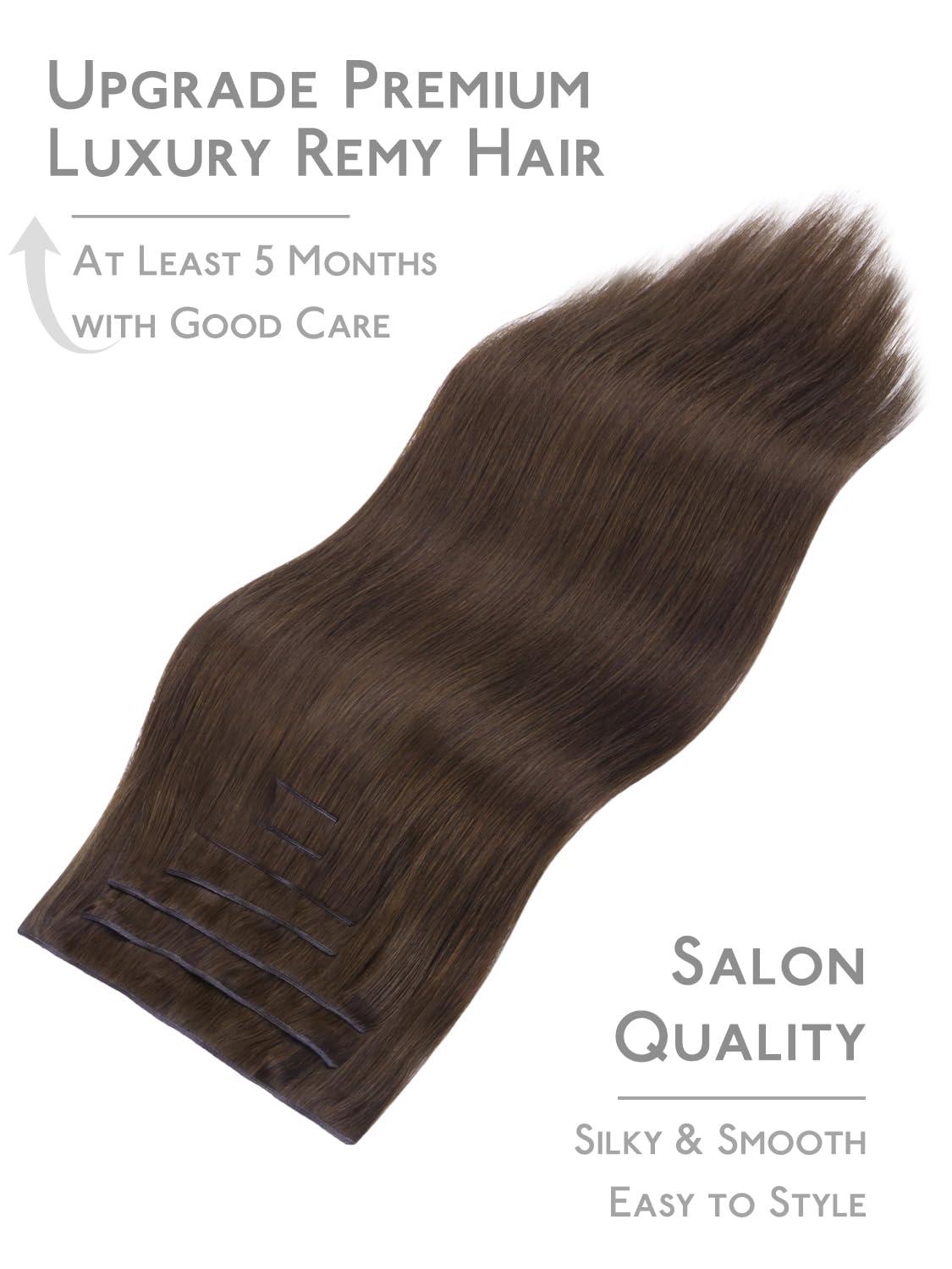 imageWENNALIFE Invisi Edge Clip in Hair Extensions Real Human Hair 18 Inch 130g 7pcs Ombre Walnut Brown to Ash Brown and Bleach Blonde Seamless Clip in Extensions Remy Hair Clip Ins Invisible PU Skin WeftG4 Chocolate Brown