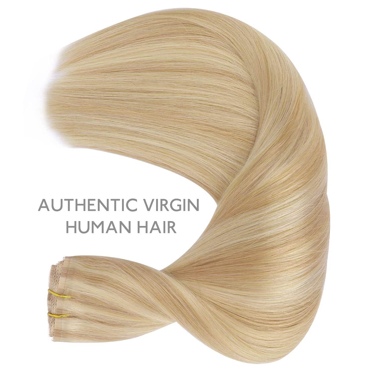 imageWENNALIFE Invisi Edge Clip in Hair Extensions Real Human Hair 18 Inch 130g 7pcs Ombre Walnut Brown to Ash Brown and Bleach Blonde Seamless Clip in Extensions Remy Hair Clip Ins Invisible PU Skin WeftL1622 Light Blonde Highlighted Golden Blonde
