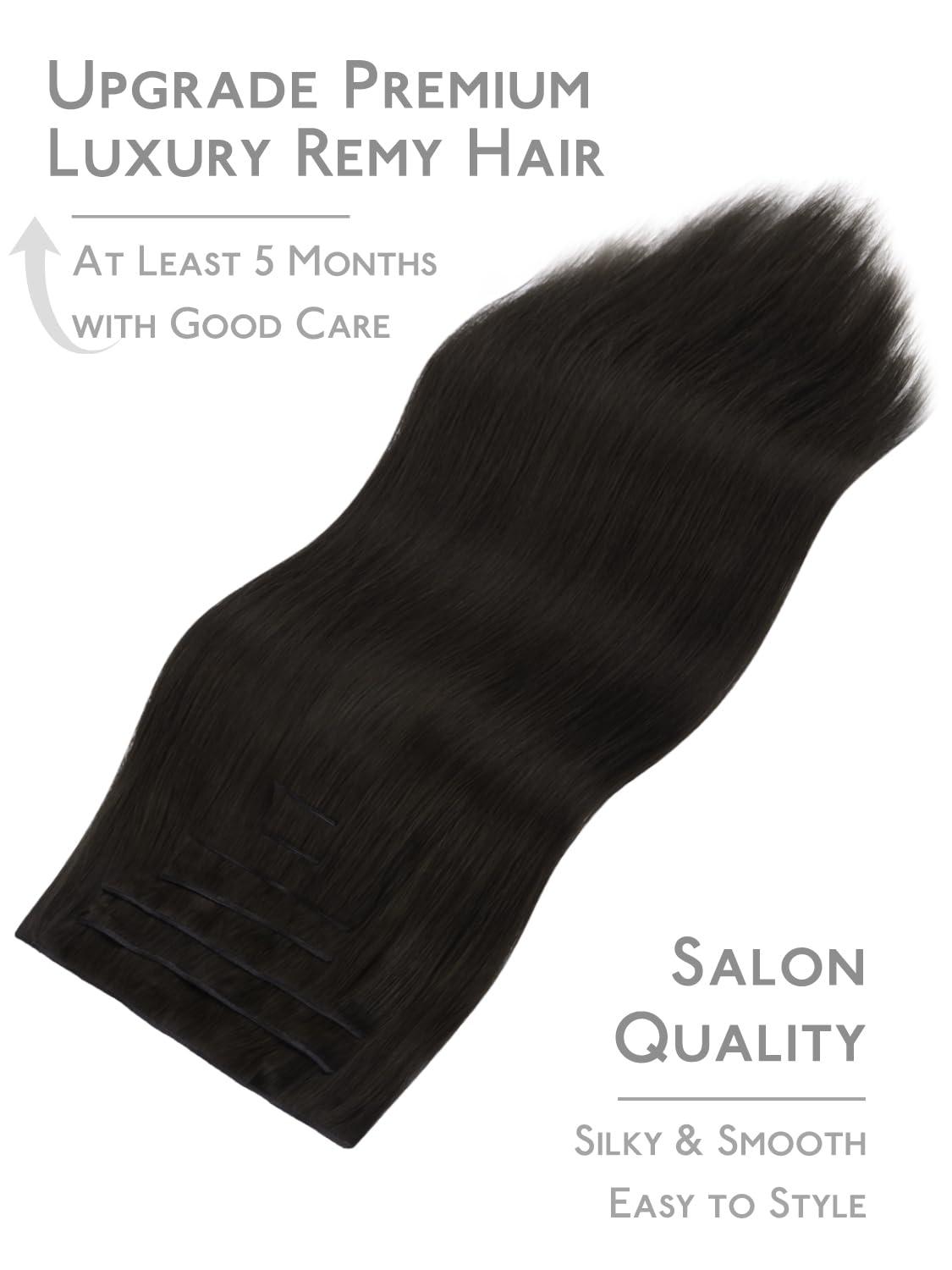 imageWENNALIFE Invisi Edge Clip in Hair Extensions Real Human Hair 18 Inch 130g 7pcs Ombre Walnut Brown to Ash Brown and Bleach Blonde Seamless Clip in Extensions Remy Hair Clip Ins Invisible PU Skin WeftG1B Natural Black