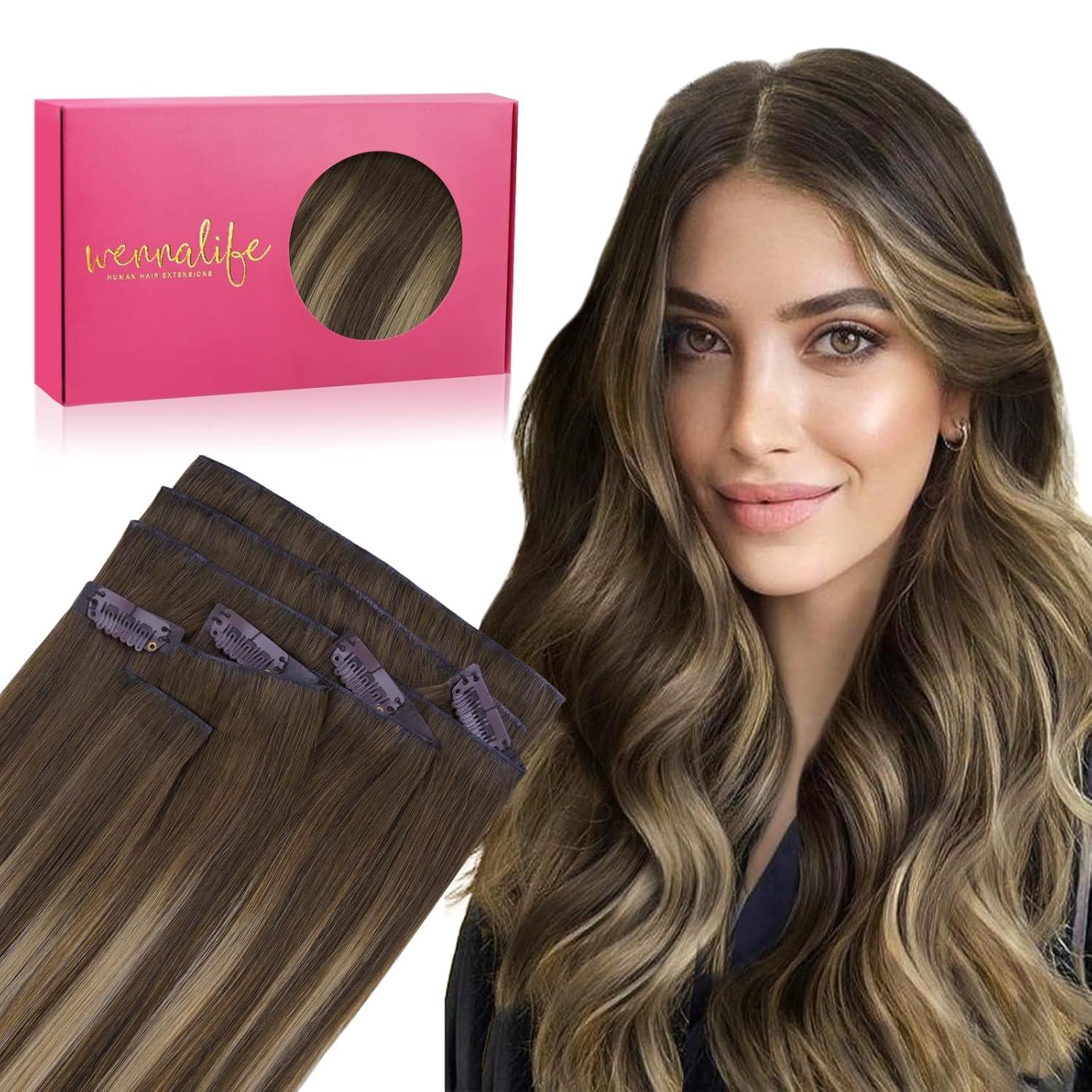imageWENNALIFE Invisi Edge Clip in Hair Extensions Real Human Hair 18 Inch 130g 7pcs Ombre Walnut Brown to Ash Brown and Bleach Blonde Seamless Clip in Extensions Remy Hair Clip Ins Invisible PU Skin WeftI4274 Balayage Chocolate Brown to Caramel Blonde