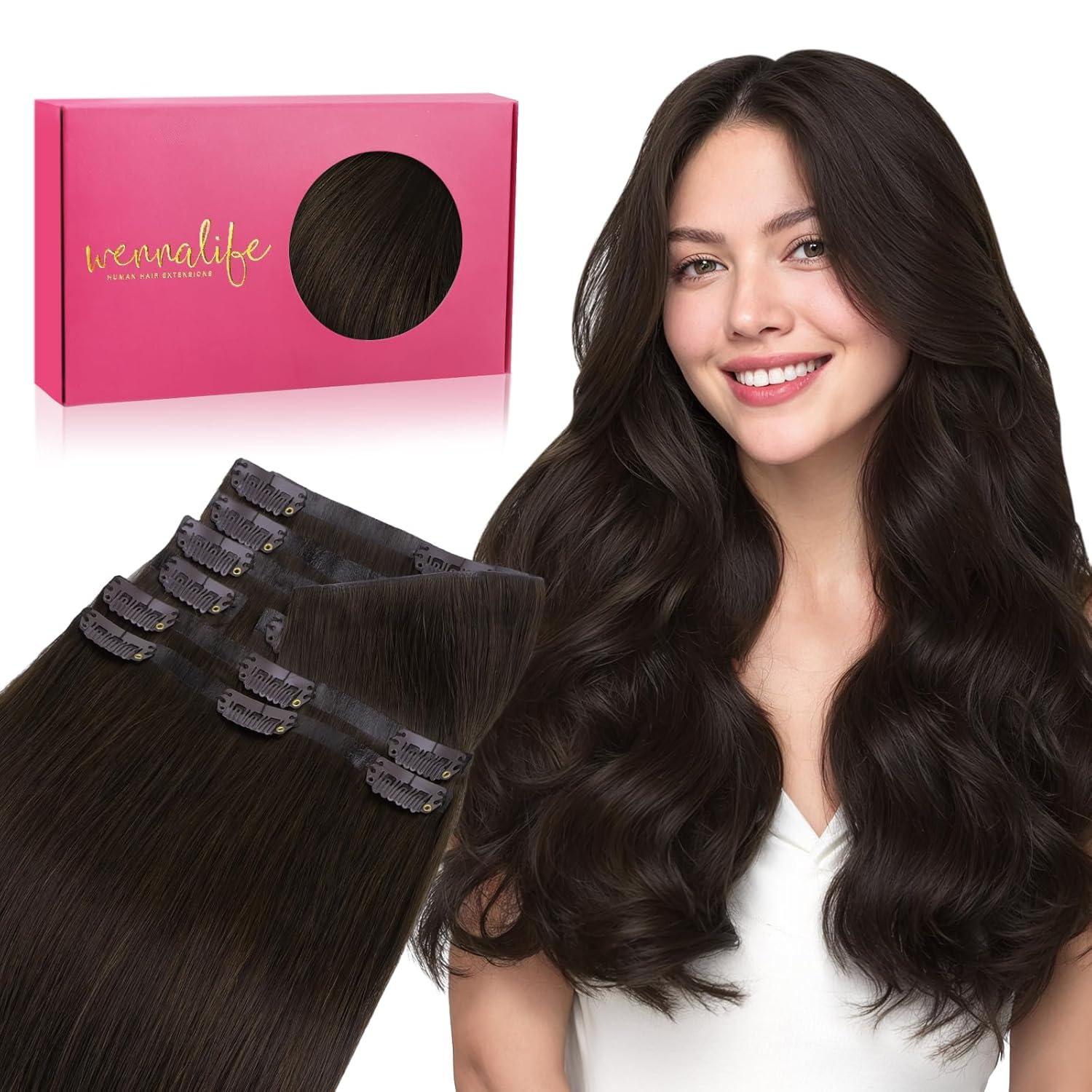 imageWENNALIFE Invisi Edge Clip in Hair Extensions Real Human Hair 18 Inch 130g 7pcs Ombre Walnut Brown to Ash Brown and Bleach Blonde Seamless Clip in Extensions Remy Hair Clip Ins Invisible PU Skin WeftI2A Light Dark Brown