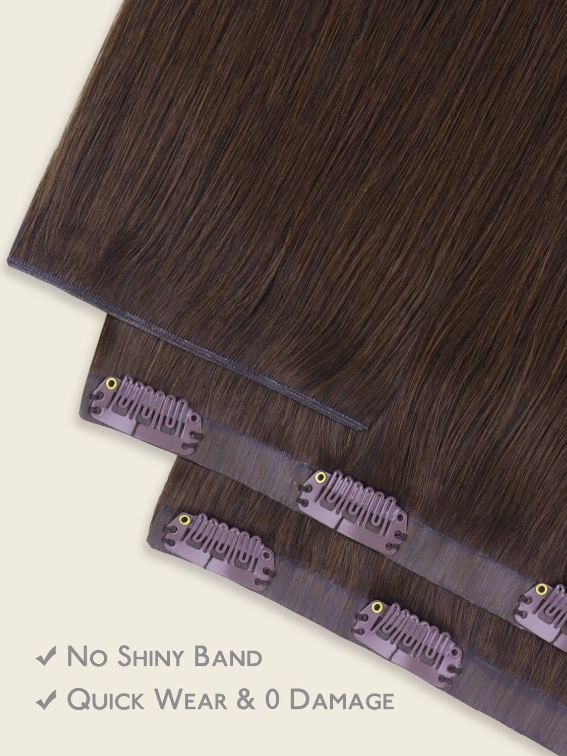 imageWENNALIFE Invisi Edge Clip in Hair Extensions Real Human Hair 18 Inch 130g 7pcs Ombre Walnut Brown to Ash Brown and Bleach Blonde Seamless Clip in Extensions Remy Hair Clip Ins Invisible PU Skin WeftG4 Chocolate Brown