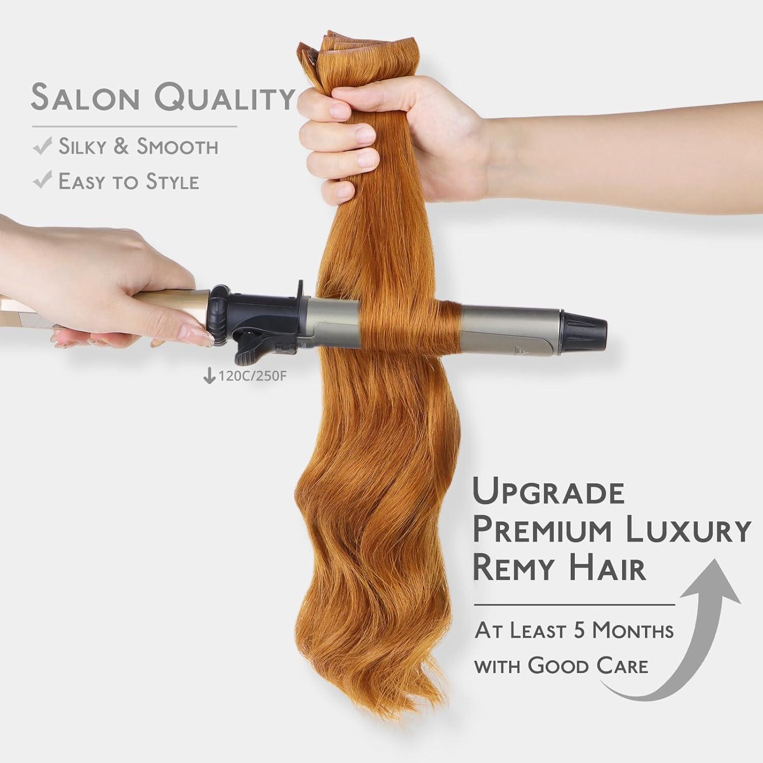 imageWENNALIFE Invisi Edge Clip in Hair Extensions Real Human Hair 18 Inch 130g 7pcs Ombre Walnut Brown to Ash Brown and Bleach Blonde Seamless Clip in Extensions Remy Hair Clip Ins Invisible PU Skin WeftI30 Auburn Ginger