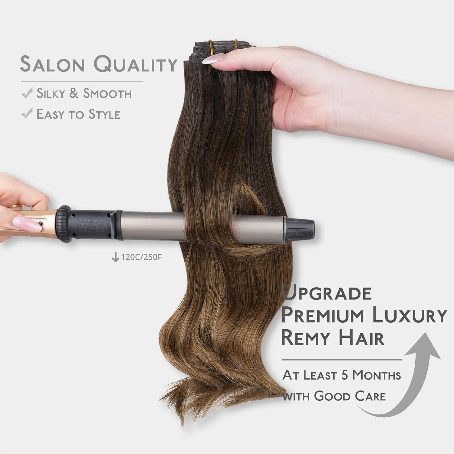 imageWENNALIFE Invisi Edge Clip in Hair Extensions Real Human Hair 18 Inch 130g 7pcs Ombre Walnut Brown to Ash Brown and Bleach Blonde Seamless Clip in Extensions Remy Hair Clip Ins Invisible PU Skin WeftI124 Ombre Dark Brown to Light Chestnut Brown