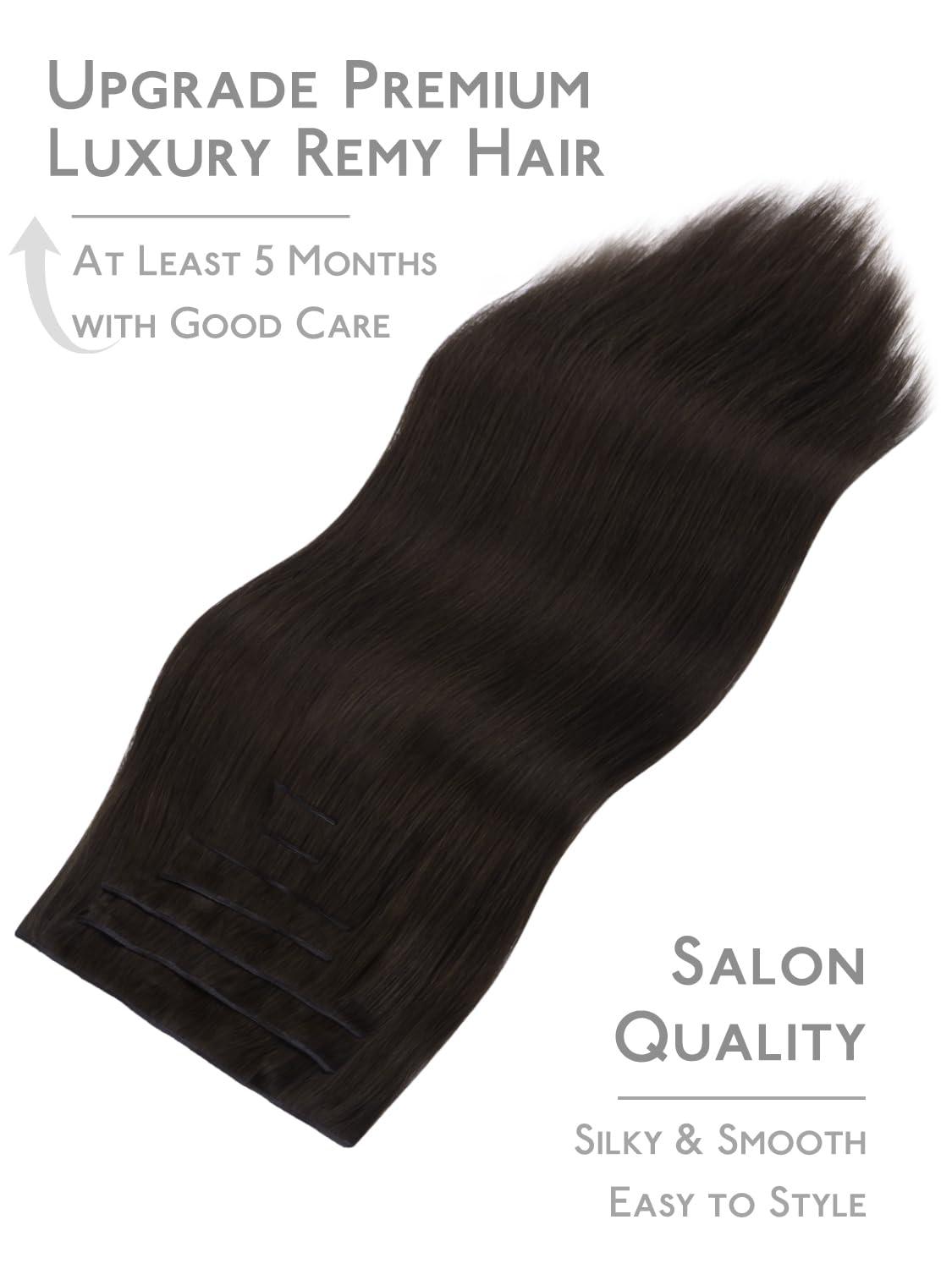 imageWENNALIFE Invisi Edge Clip in Hair Extensions Real Human Hair 18 Inch 130g 7pcs Ombre Walnut Brown to Ash Brown and Bleach Blonde Seamless Clip in Extensions Remy Hair Clip Ins Invisible PU Skin WeftG2 Dark Brown