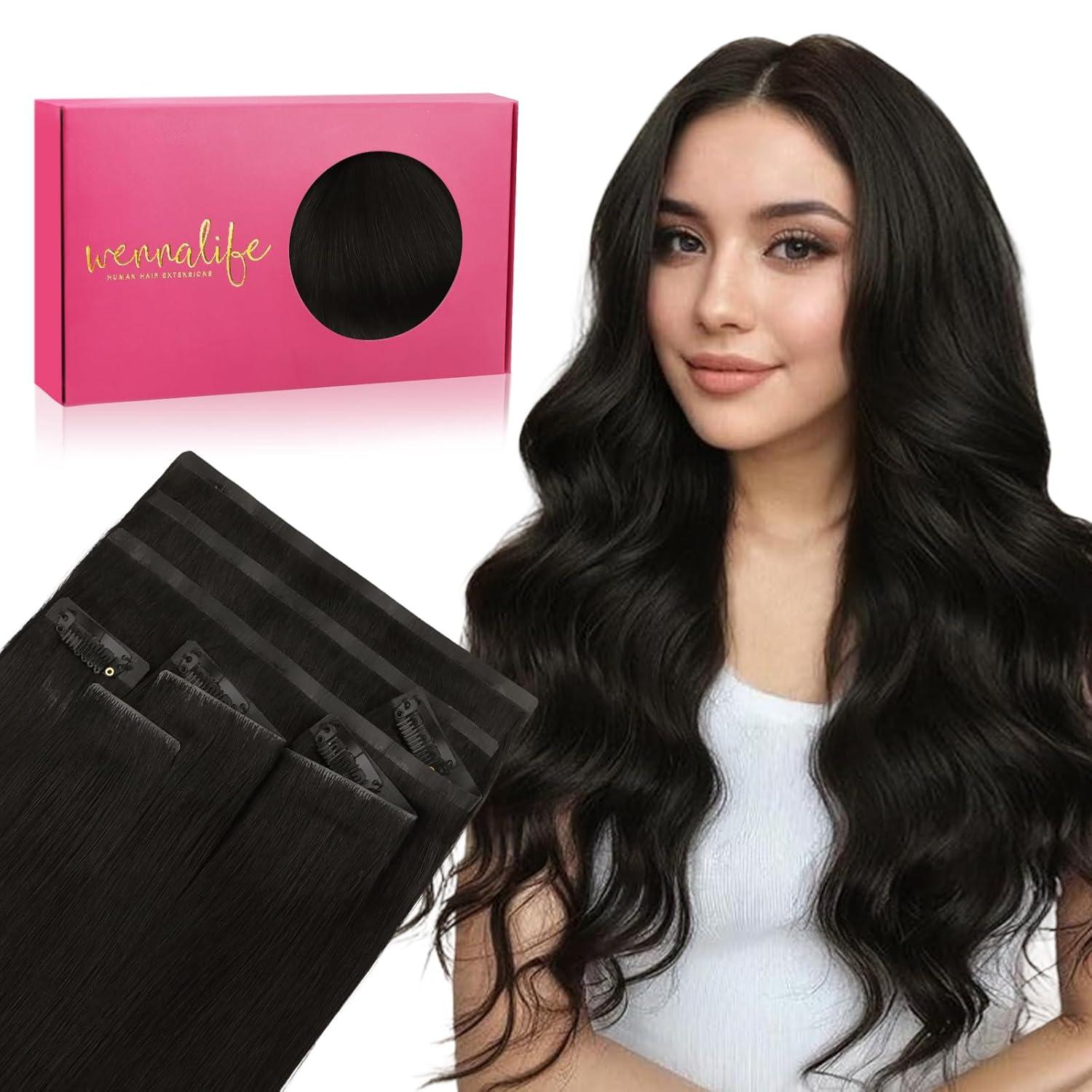 imageWENNALIFE Invisi Edge Clip in Hair Extensions Real Human Hair 18 Inch 130g 7pcs Ombre Walnut Brown to Ash Brown and Bleach Blonde Seamless Clip in Extensions Remy Hair Clip Ins Invisible PU Skin WeftI1 Jet Black