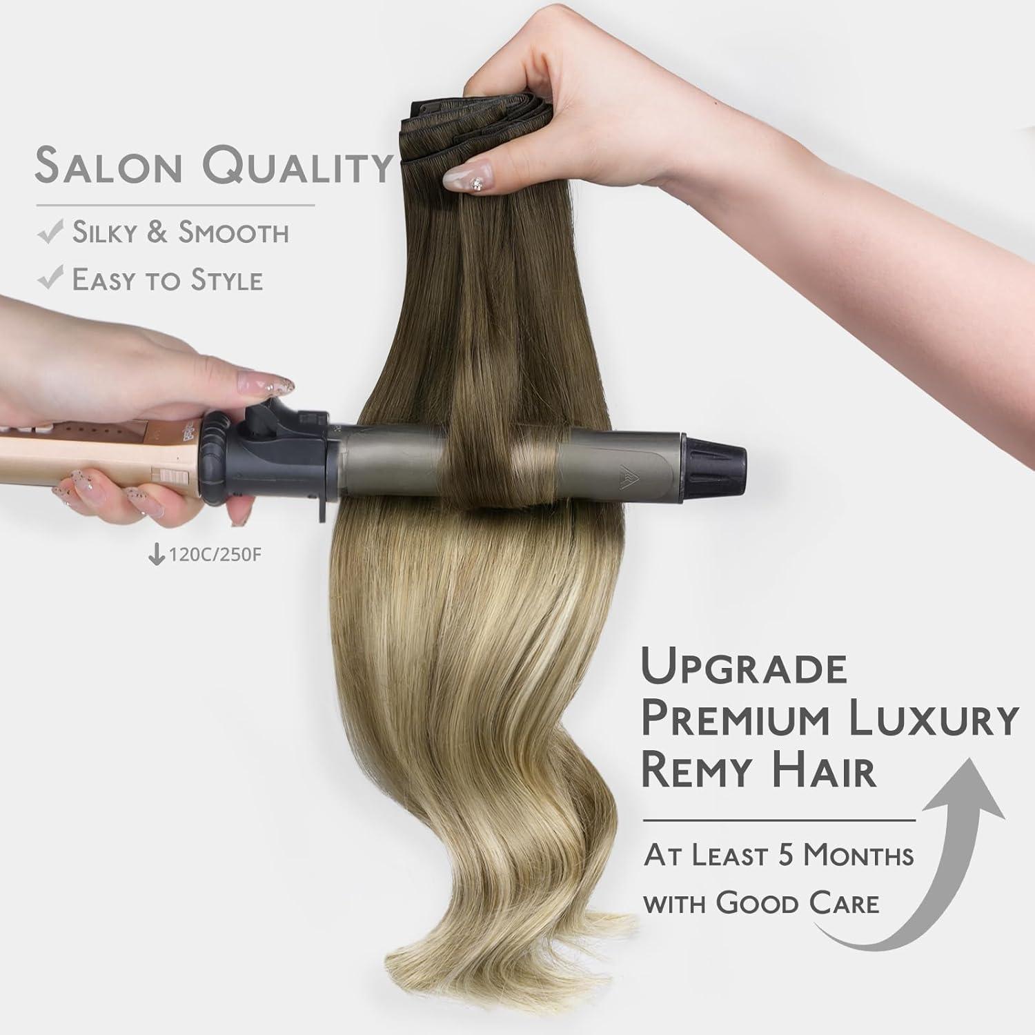 imageWENNALIFE Invisi Edge Clip in Hair Extensions Real Human Hair 18 Inch 130g 7pcs Ombre Walnut Brown to Ash Brown and Bleach Blonde Seamless Clip in Extensions Remy Hair Clip Ins Invisible PU Skin WeftI38613 Ombre Walnut Brown to Ash Brown and Bleach Blonde