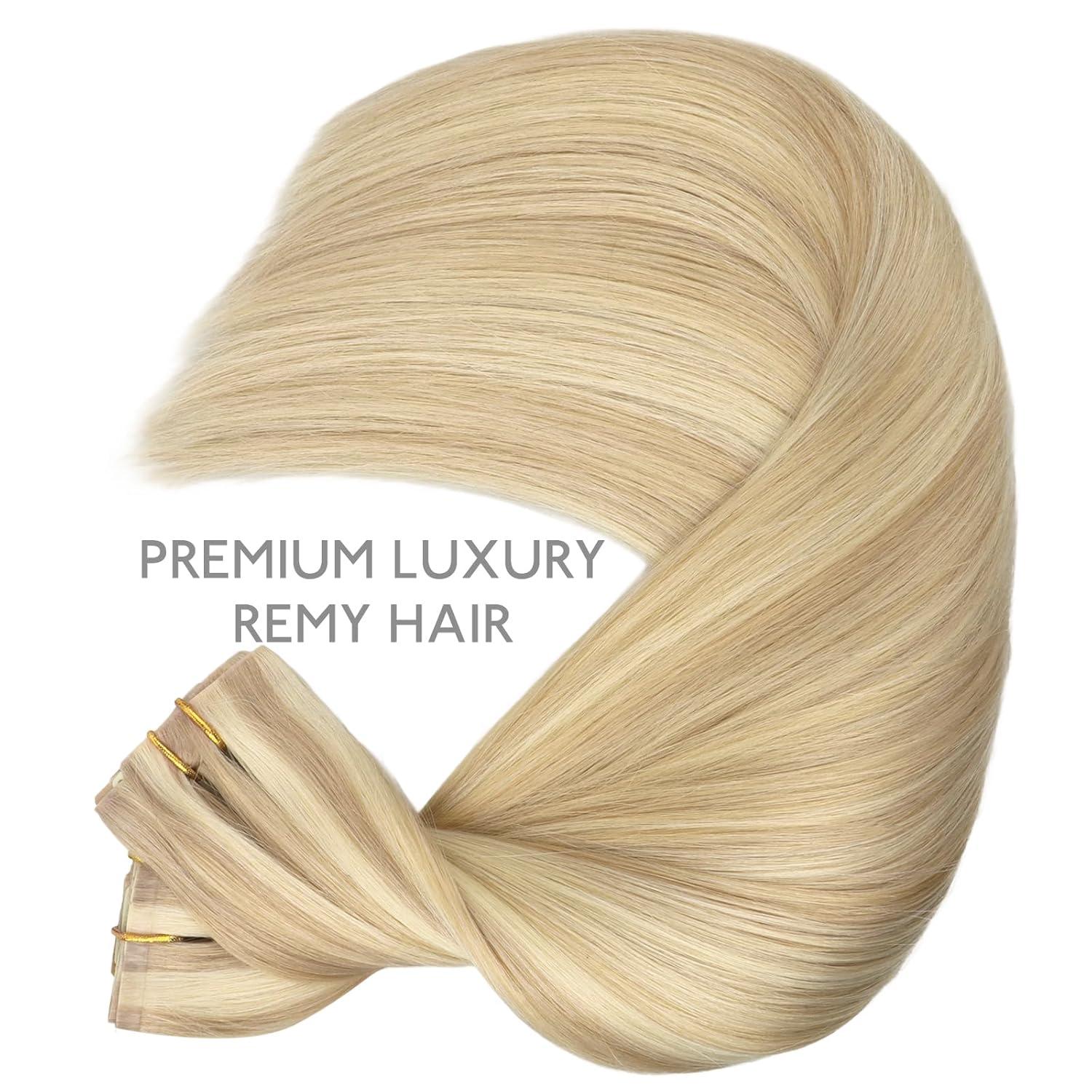 imageWENNALIFE Invisi Edge Clip in Hair Extensions Real Human Hair 18 Inch 130g 7pcs Ombre Walnut Brown to Ash Brown and Bleach Blonde Seamless Clip in Extensions Remy Hair Clip Ins Invisible PU Skin WeftI1622 Light Blonde Highlighted Golden Blonde