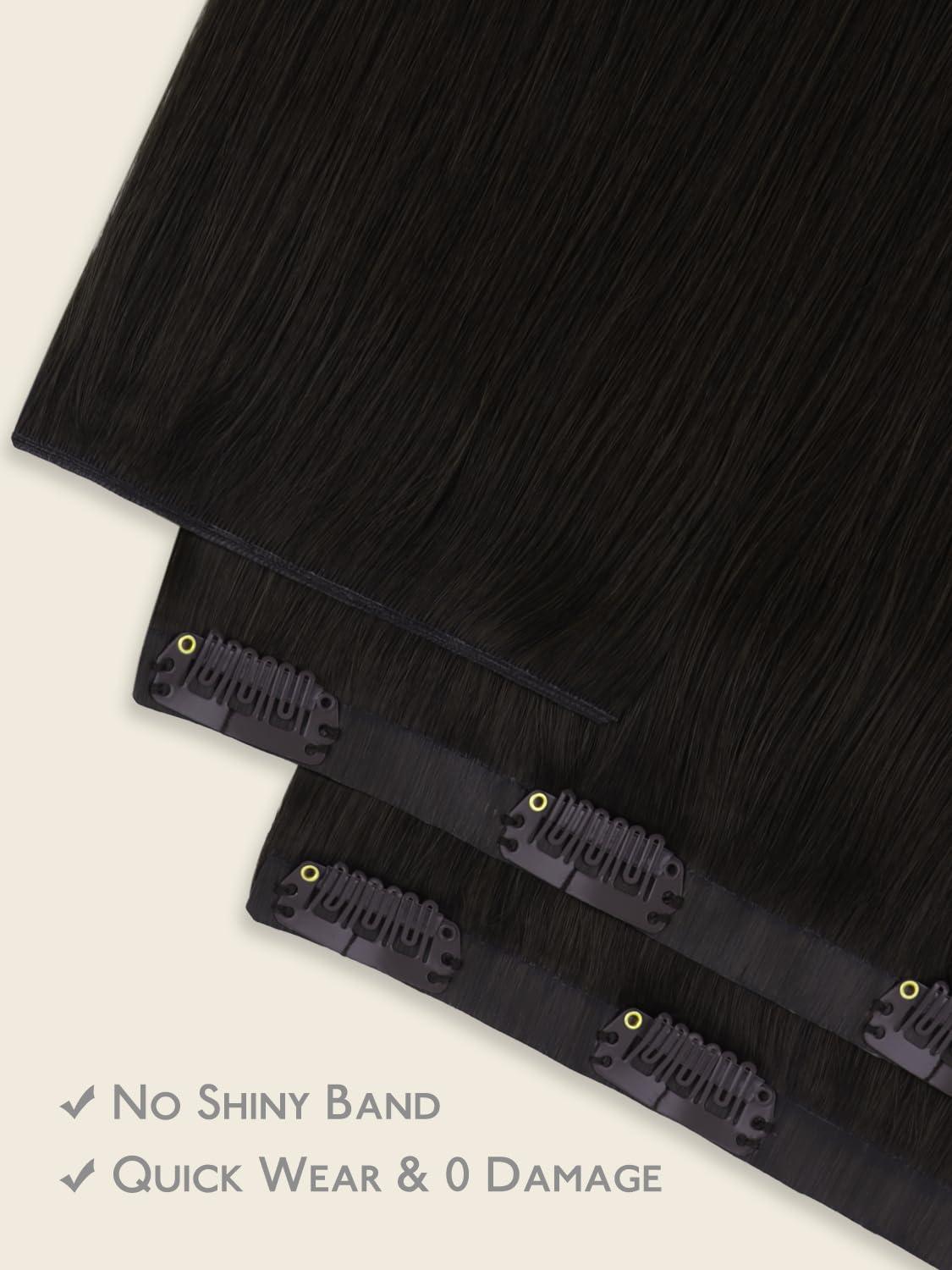 imageWENNALIFE Invisi Edge Clip in Hair Extensions Real Human Hair 18 Inch 130g 7pcs Ombre Walnut Brown to Ash Brown and Bleach Blonde Seamless Clip in Extensions Remy Hair Clip Ins Invisible PU Skin WeftG1B Natural Black