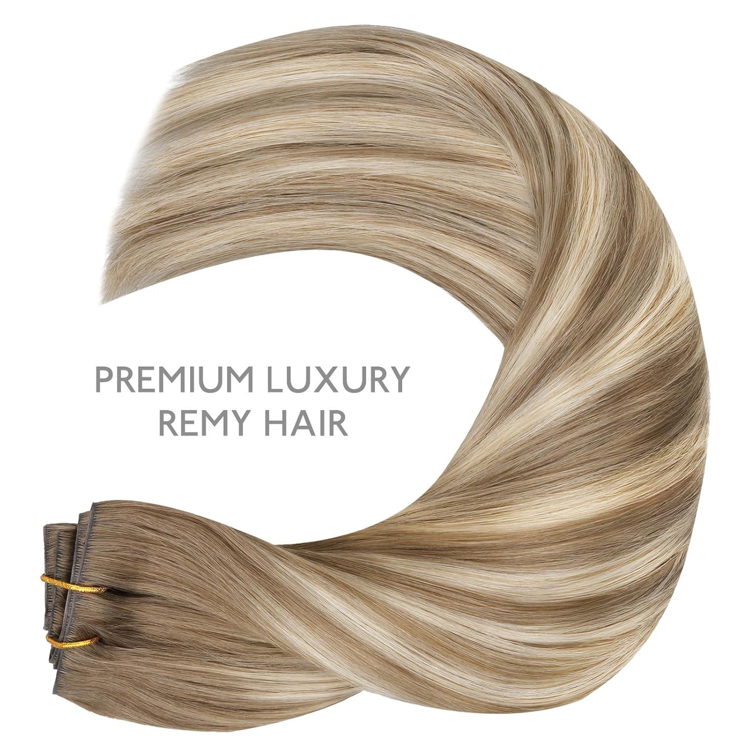 imageWENNALIFE Invisi Edge Clip in Hair Extensions Real Human Hair 18 Inch 130g 7pcs Ombre Walnut Brown to Ash Brown and Bleach Blonde Seamless Clip in Extensions Remy Hair Clip Ins Invisible PU Skin WeftI8618 Balayage Dirty Blonde with Platinum Ends