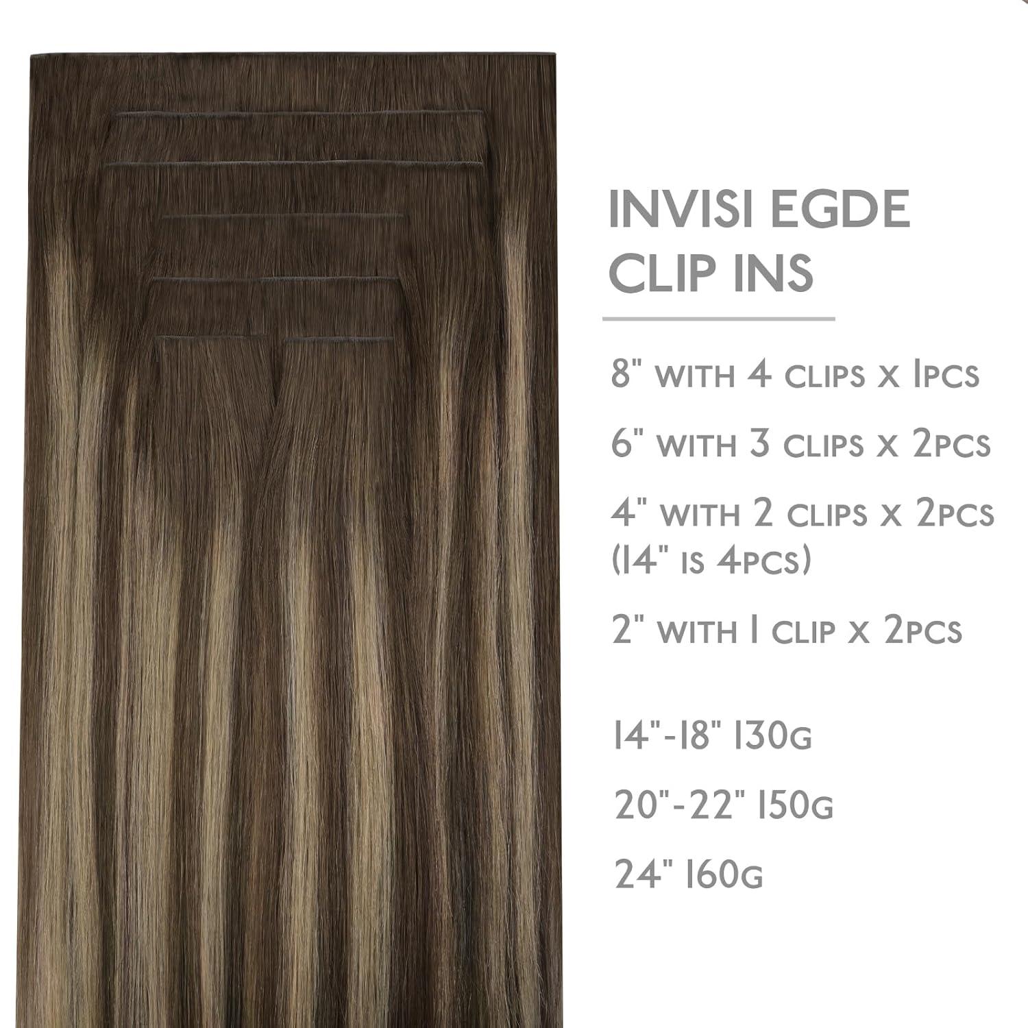 imageWENNALIFE Invisi Edge Clip in Hair Extensions Real Human Hair 18 Inch 130g 7pcs Ombre Walnut Brown to Ash Brown and Bleach Blonde Seamless Clip in Extensions Remy Hair Clip Ins Invisible PU Skin WeftI4274 Balayage Chocolate Brown to Caramel Blonde