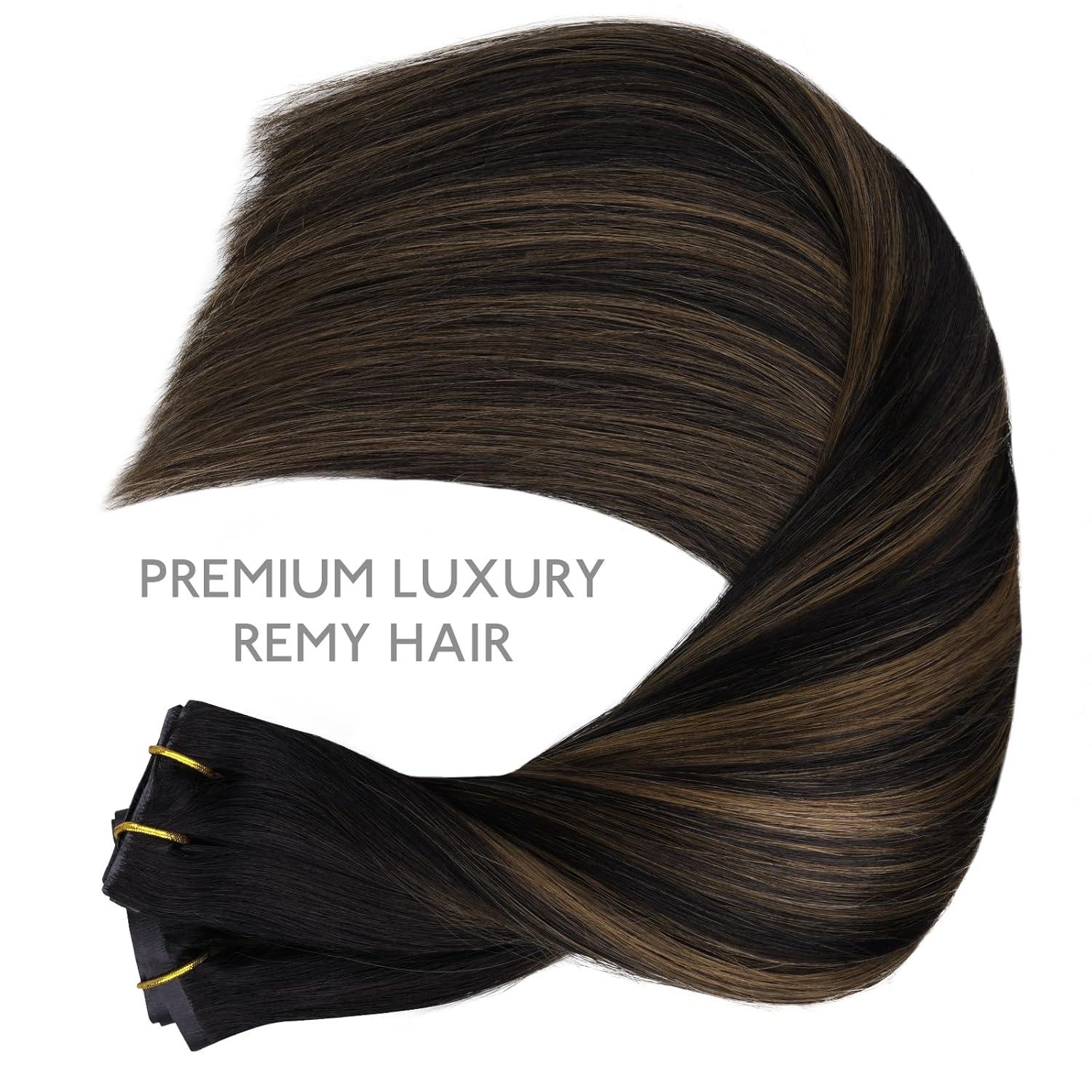 imageWENNALIFE Invisi Edge Clip in Hair Extensions Real Human Hair 18 Inch 130g 7pcs Ombre Walnut Brown to Ash Brown and Bleach Blonde Seamless Clip in Extensions Remy Hair Clip Ins Invisible PU Skin WeftI1B61B Balayage Natural Black to Chestnut Brown