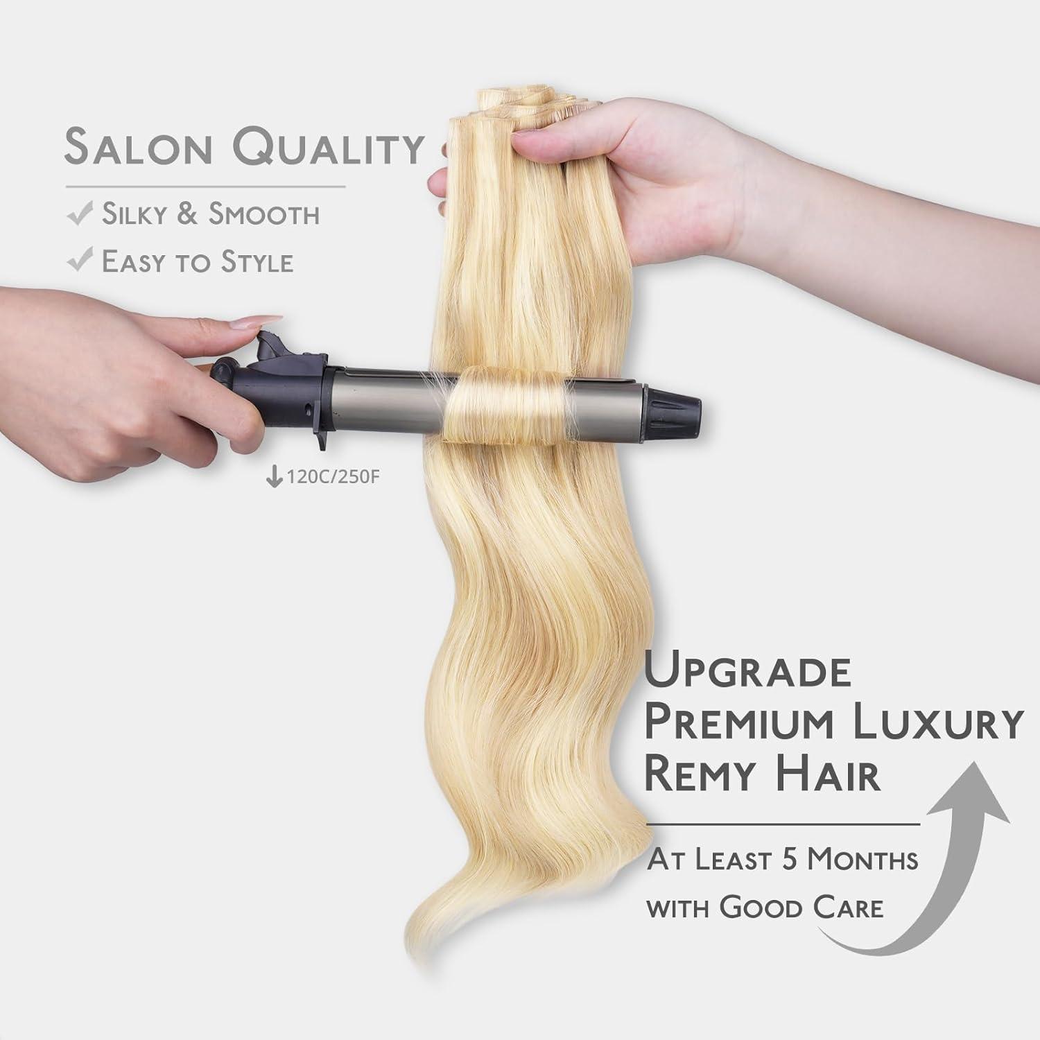 imageWENNALIFE Invisi Edge Clip in Hair Extensions Real Human Hair 18 Inch 130g 7pcs Ombre Walnut Brown to Ash Brown and Bleach Blonde Seamless Clip in Extensions Remy Hair Clip Ins Invisible PU Skin WeftI18F60A Balayage Light Wheat Platinum Blonde