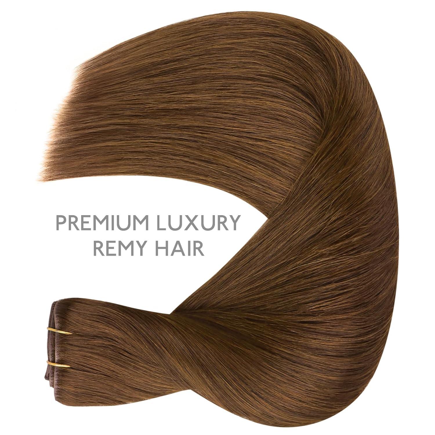 imageWENNALIFE Invisi Edge Clip in Hair Extensions Real Human Hair 18 Inch 130g 7pcs Ombre Walnut Brown to Ash Brown and Bleach Blonde Seamless Clip in Extensions Remy Hair Clip Ins Invisible PU Skin WeftI5R Light Auburn Brown