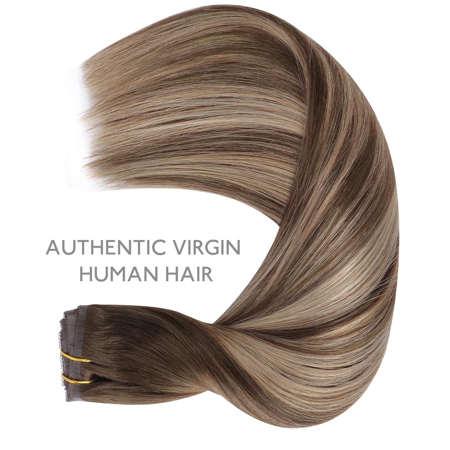 imageWENNALIFE Invisi Edge Clip in Hair Extensions Real Human Hair 18 Inch 130g 7pcs Ombre Walnut Brown to Ash Brown and Bleach Blonde Seamless Clip in Extensions Remy Hair Clip Ins Invisible PU Skin WeftL4264 Balayage Chocolate Brown to Honey Blonde