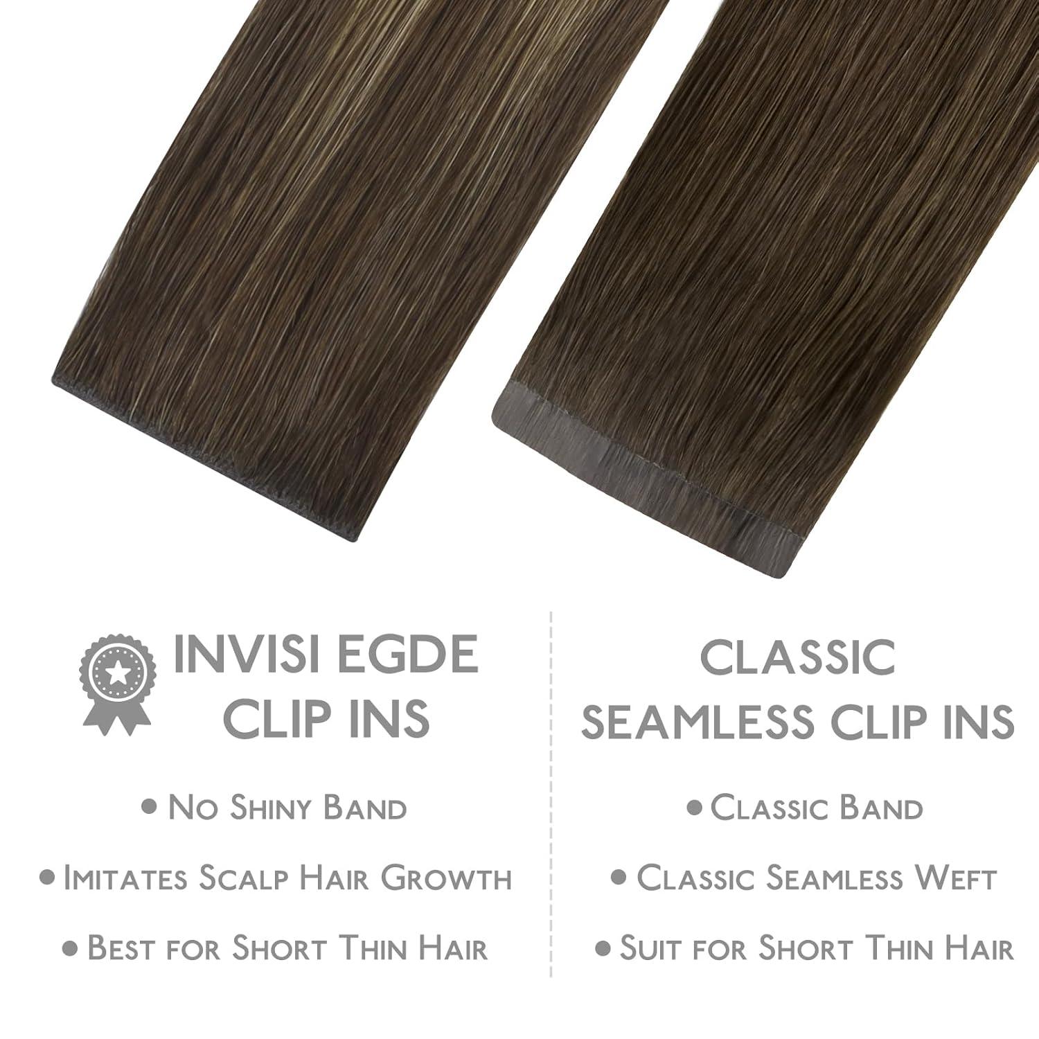imageWENNALIFE Invisi Edge Clip in Hair Extensions Real Human Hair 18 Inch 130g 7pcs Ombre Walnut Brown to Ash Brown and Bleach Blonde Seamless Clip in Extensions Remy Hair Clip Ins Invisible PU Skin WeftI4274 Balayage Chocolate Brown to Caramel Blonde