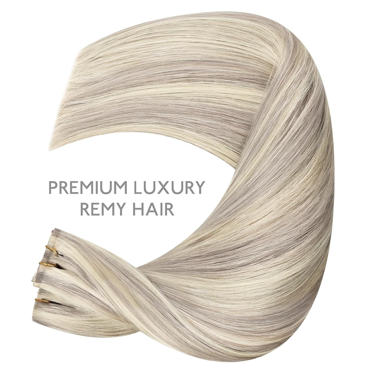 imageWENNALIFE Invisi Edge Clip in Hair Extensions Real Human Hair 18 Inch 130g 7pcs Ombre Walnut Brown to Ash Brown and Bleach Blonde Seamless Clip in Extensions Remy Hair Clip Ins Invisible PU Skin WeftI17A60A Ash Blonde Highlighted Platinum Blonde