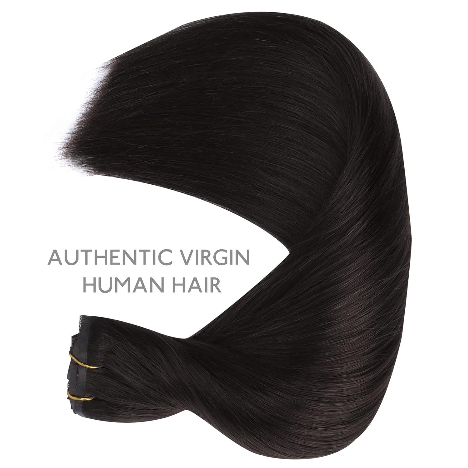 imageWENNALIFE Invisi Edge Clip in Hair Extensions Real Human Hair 18 Inch 130g 7pcs Ombre Walnut Brown to Ash Brown and Bleach Blonde Seamless Clip in Extensions Remy Hair Clip Ins Invisible PU Skin WeftL1B Natural Black