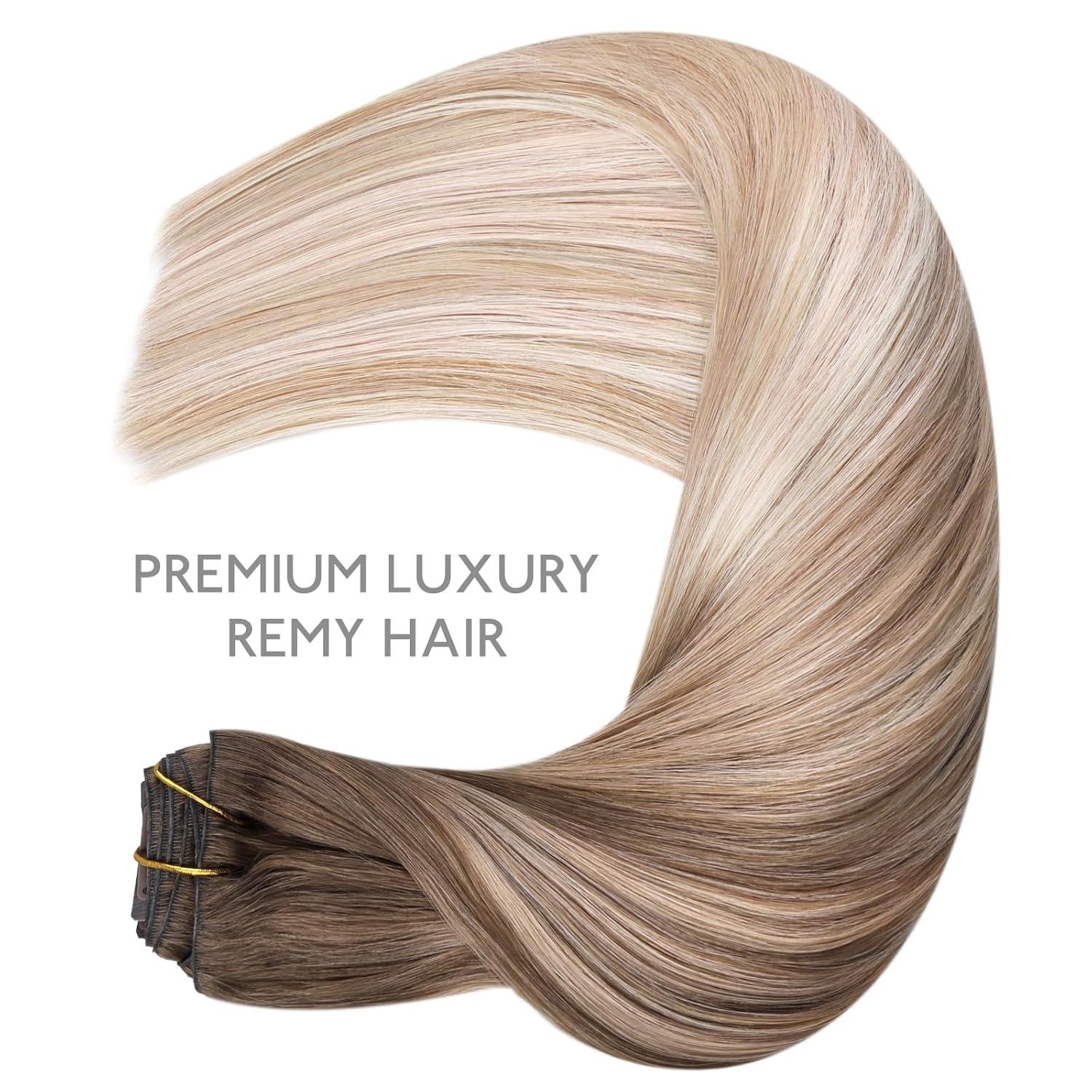 imageWENNALIFE Invisi Edge Clip in Hair Extensions Real Human Hair 18 Inch 130g 7pcs Ombre Walnut Brown to Ash Brown and Bleach Blonde Seamless Clip in Extensions Remy Hair Clip Ins Invisible PU Skin WeftI91860 Balayage Sandy Brown to Platinum Blonde