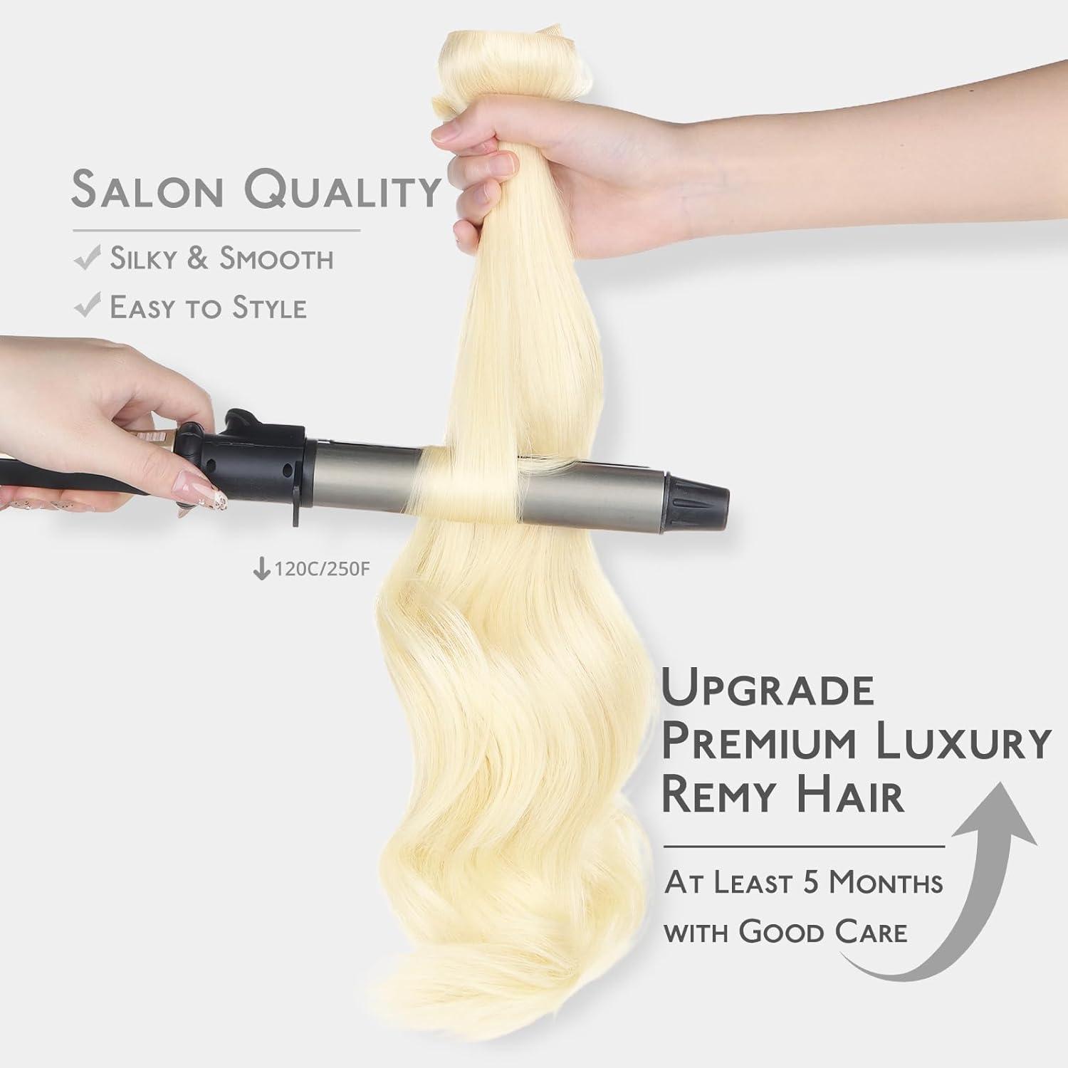 imageWENNALIFE Invisi Edge Clip in Hair Extensions Real Human Hair 18 Inch 130g 7pcs Ombre Walnut Brown to Ash Brown and Bleach Blonde Seamless Clip in Extensions Remy Hair Clip Ins Invisible PU Skin WeftI60A Platinum Blonde