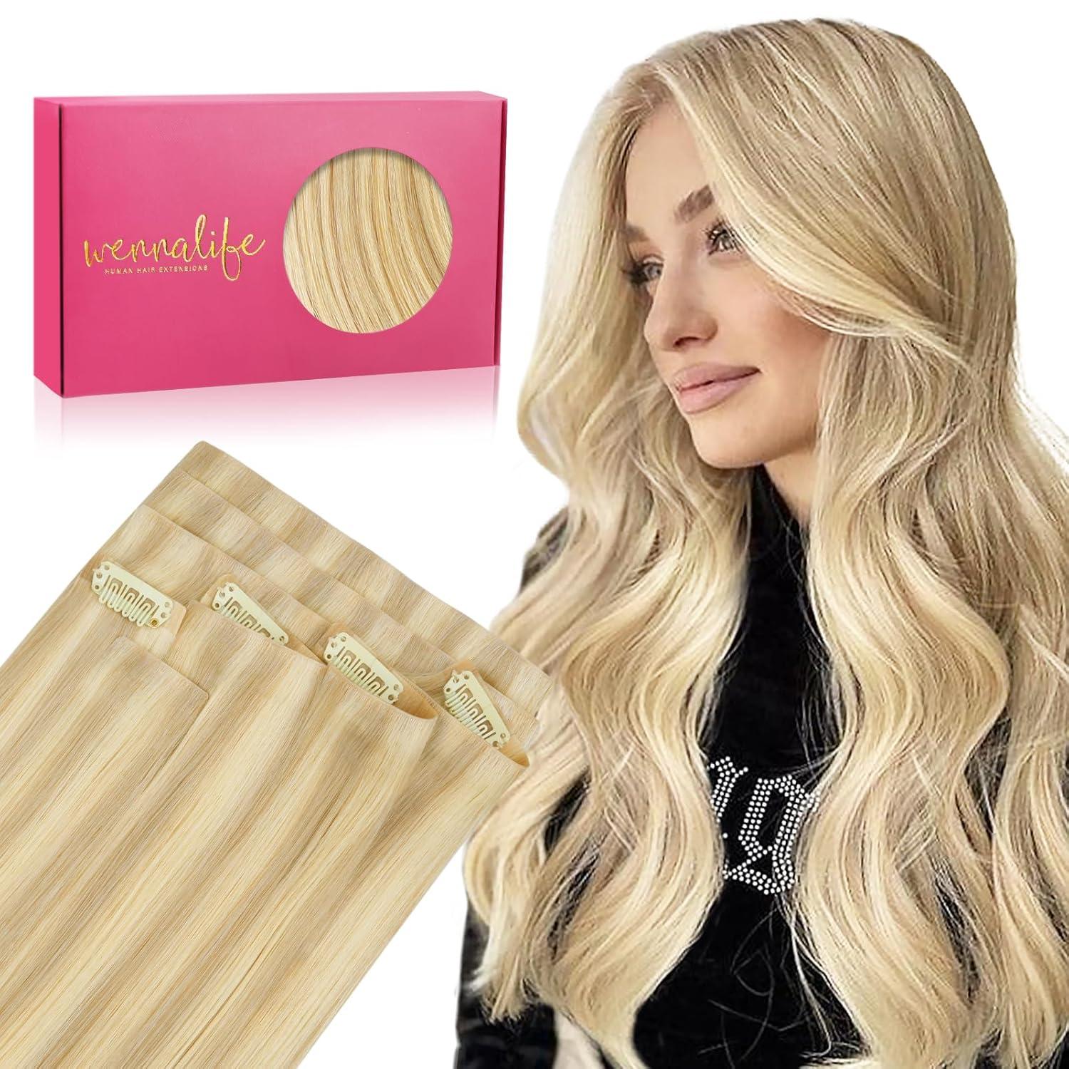 imageWENNALIFE Invisi Edge Clip in Hair Extensions Real Human Hair 18 Inch 130g 7pcs Ombre Walnut Brown to Ash Brown and Bleach Blonde Seamless Clip in Extensions Remy Hair Clip Ins Invisible PU Skin WeftI1622 Light Blonde Highlighted Golden Blonde