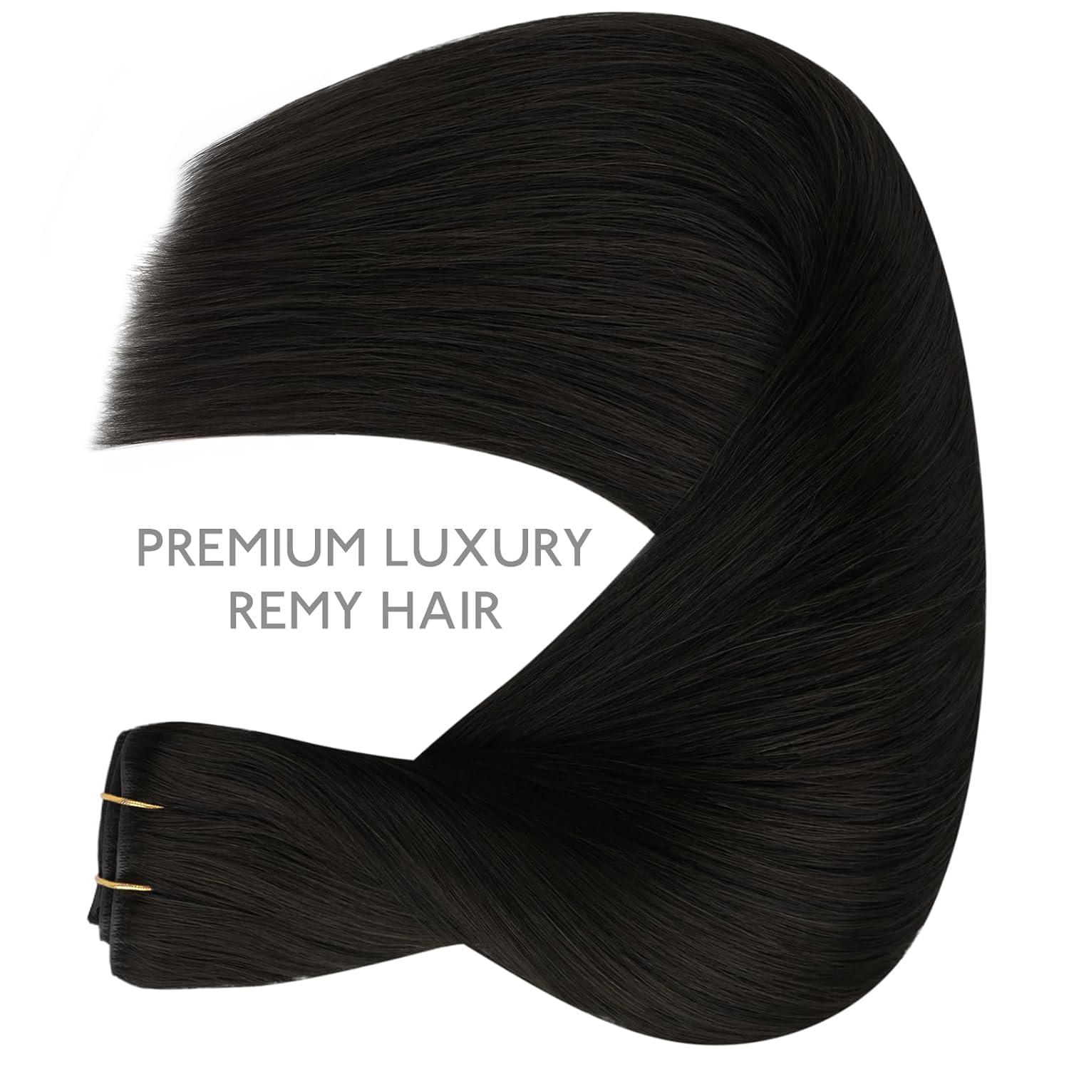 imageWENNALIFE Invisi Edge Clip in Hair Extensions Real Human Hair 18 Inch 130g 7pcs Ombre Walnut Brown to Ash Brown and Bleach Blonde Seamless Clip in Extensions Remy Hair Clip Ins Invisible PU Skin WeftI1B Natural Black