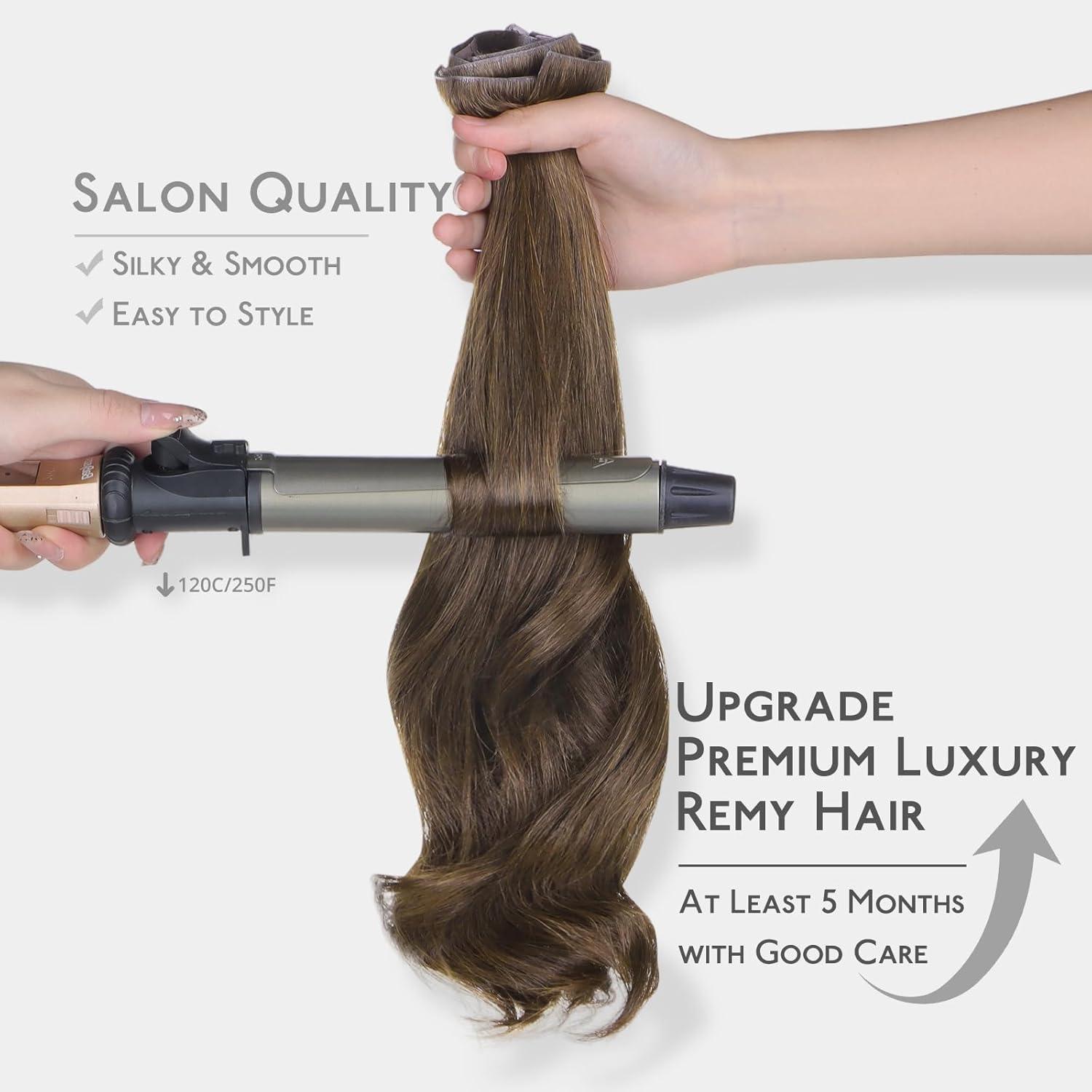 imageWENNALIFE Invisi Edge Clip in Hair Extensions Real Human Hair 18 Inch 130g 7pcs Ombre Walnut Brown to Ash Brown and Bleach Blonde Seamless Clip in Extensions Remy Hair Clip Ins Invisible PU Skin WeftI5 Muted Light Brown Brunette