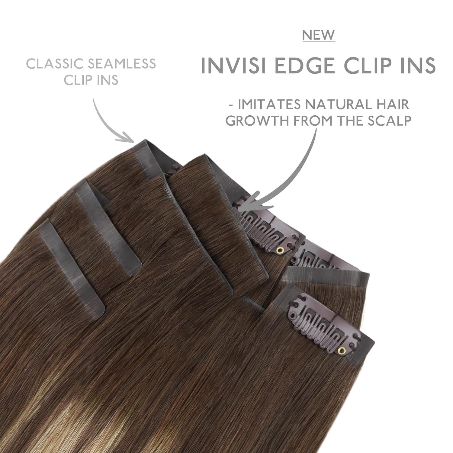 imageWENNALIFE Invisi Edge Clip in Hair Extensions Real Human Hair 18 Inch 130g 7pcs Ombre Walnut Brown to Ash Brown and Bleach Blonde Seamless Clip in Extensions Remy Hair Clip Ins Invisible PU Skin WeftI4274 Balayage Chocolate Brown to Caramel Blonde