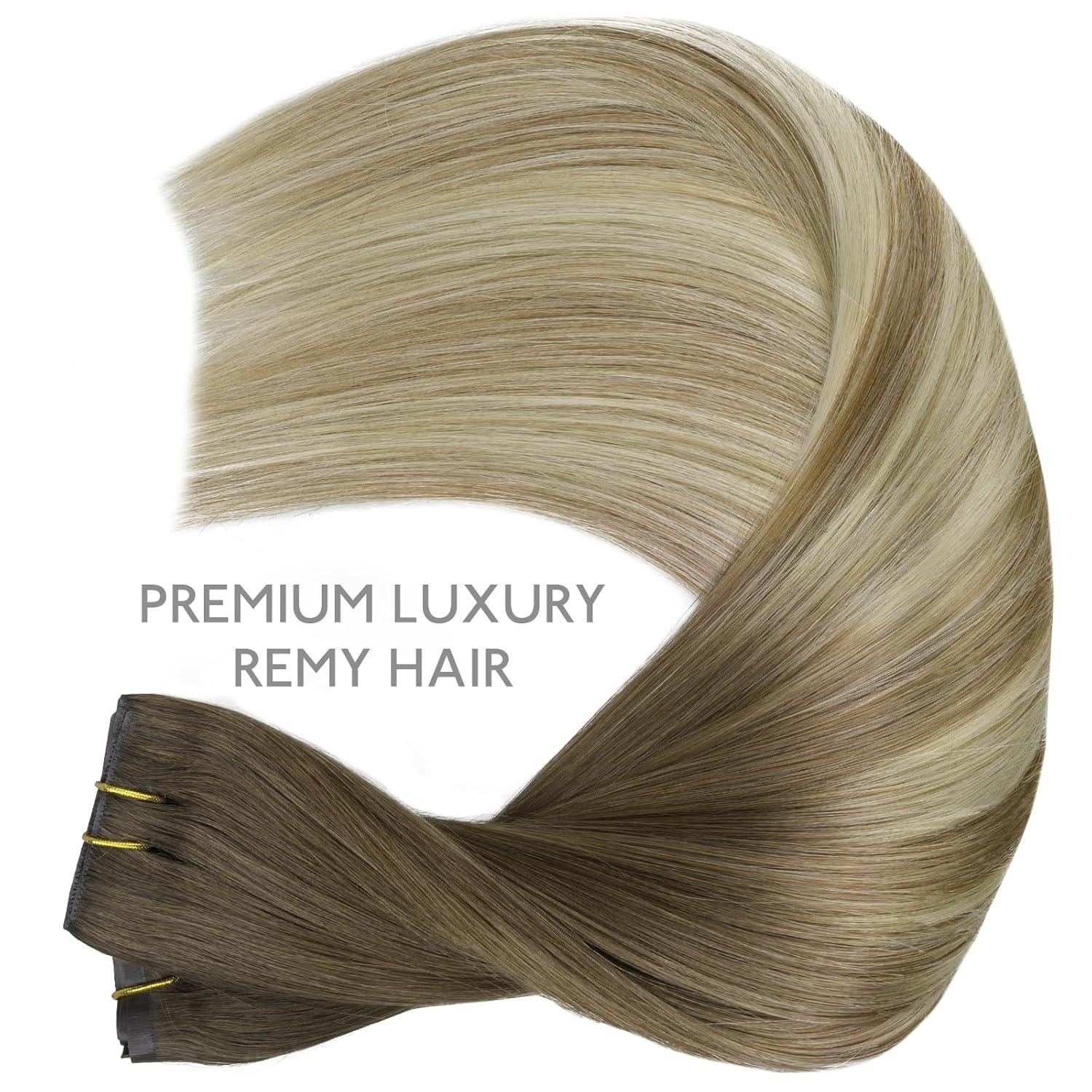 imageWENNALIFE Invisi Edge Clip in Hair Extensions Real Human Hair 18 Inch 130g 7pcs Ombre Walnut Brown to Ash Brown and Bleach Blonde Seamless Clip in Extensions Remy Hair Clip Ins Invisible PU Skin WeftI38613 Ombre Walnut Brown to Ash Brown and Bleach Blonde