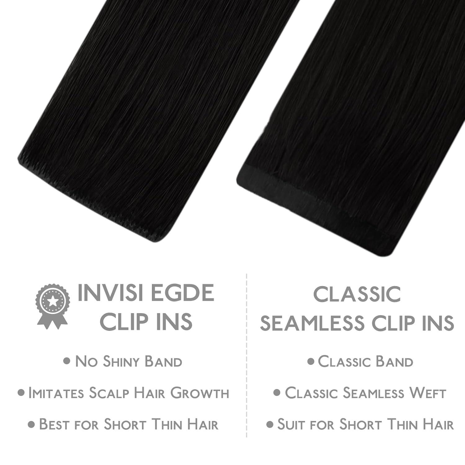 imageWENNALIFE Invisi Edge Clip in Hair Extensions Real Human Hair 18 Inch 130g 7pcs Ombre Walnut Brown to Ash Brown and Bleach Blonde Seamless Clip in Extensions Remy Hair Clip Ins Invisible PU Skin WeftI1 Jet Black