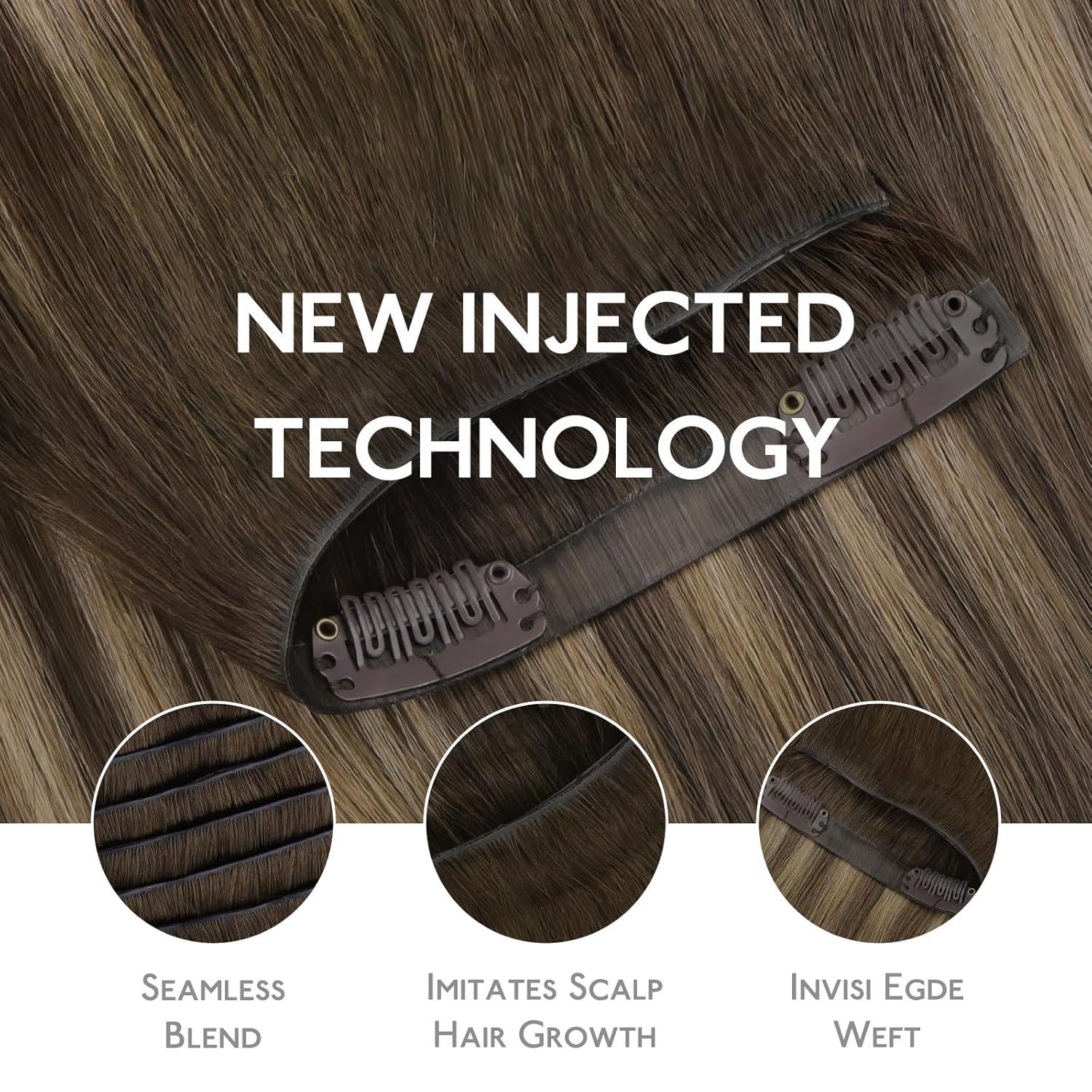 imageWENNALIFE Invisi Edge Clip in Hair Extensions Real Human Hair 18 Inch 130g 7pcs Ombre Walnut Brown to Ash Brown and Bleach Blonde Seamless Clip in Extensions Remy Hair Clip Ins Invisible PU Skin WeftI4274 Balayage Chocolate Brown to Caramel Blonde